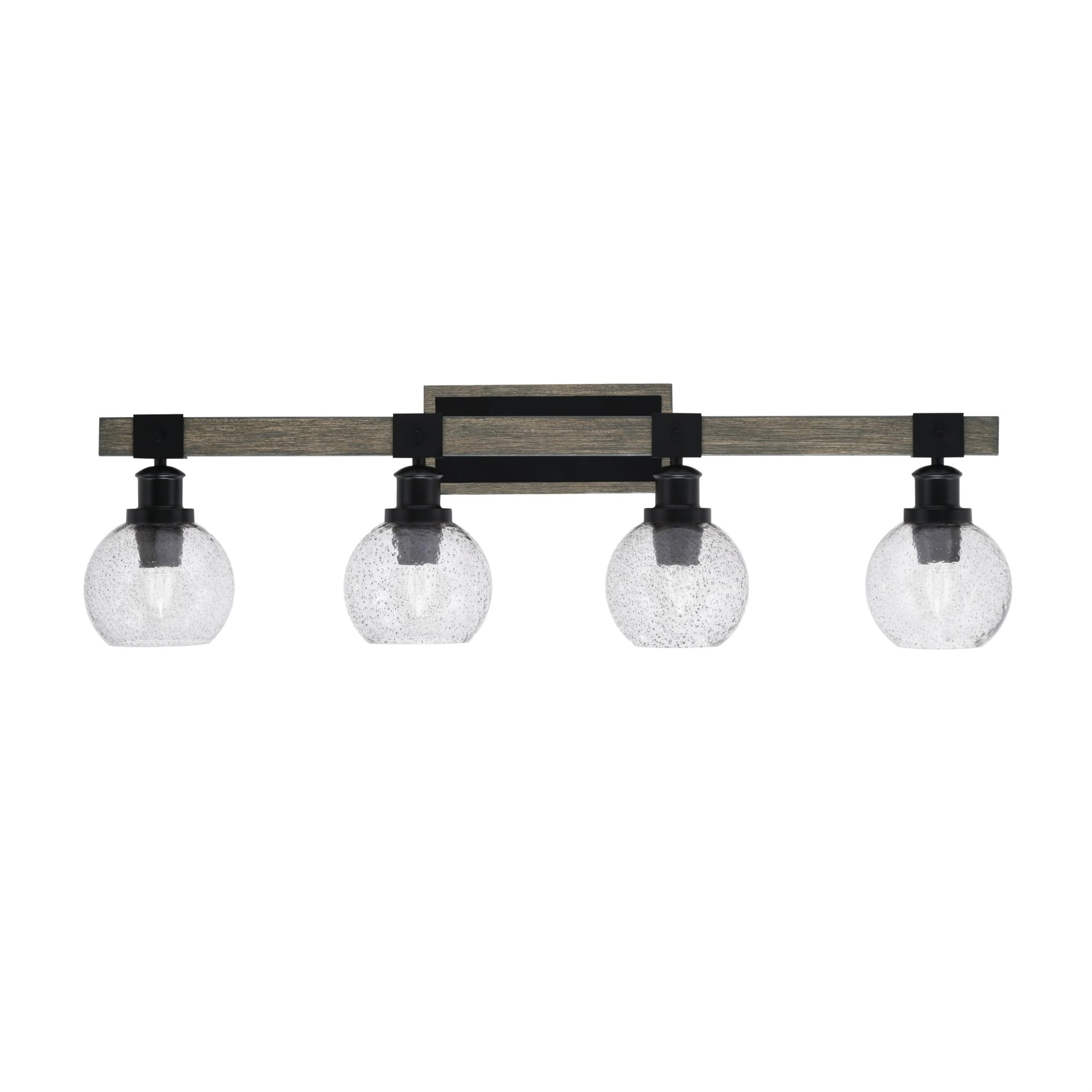 Tacoma 4 Light Bath Bar, Matte Black & Painted Distressed Wood-Look Metal Finish, 5.75" Smoke Bubble Glass