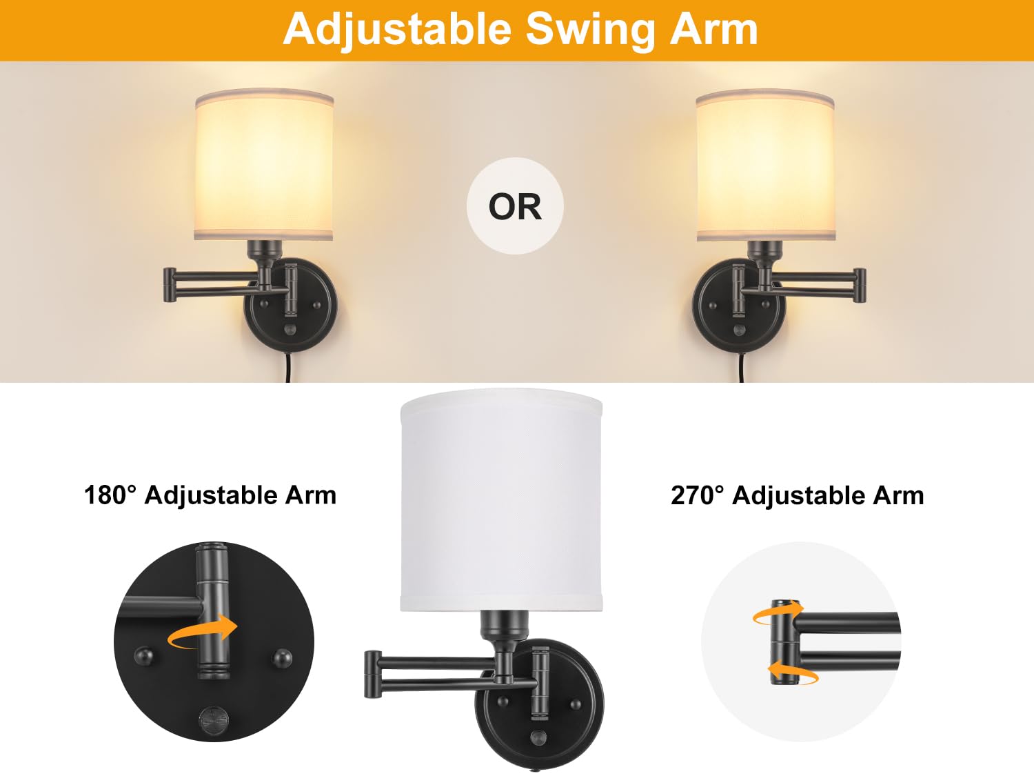 GOODATE Plug-in Wall Sconces Set of Two, Remote Control, Dimmable 2700K-6500K, Black Finish, Fabric Shade, Model BZ-YK