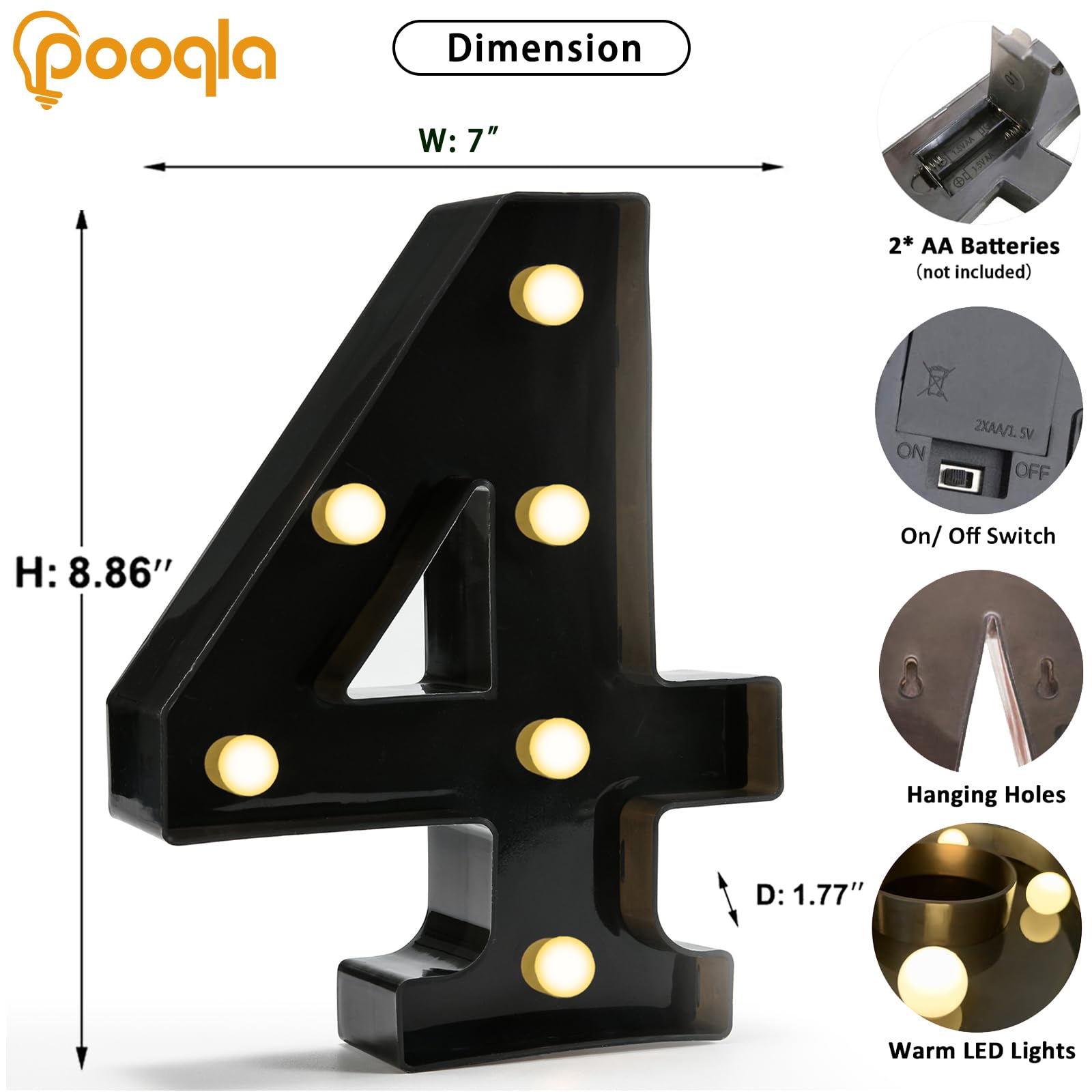 Pooqla Light Up Numbers, Lighted Marquee Number Sign For 4Th Birthday Party Decor, Battery Powered Led Number Lights For Party Decor, Lights Sign For Wall Home Anniversary Decor, Number 4