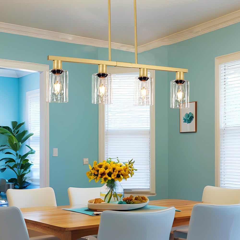 DSMJFU 4-Light Kitchen Island Lighting, Gold Metal Chandelier, Height Adjustable, 31in Glass Shade, Farmhouse Style for Dining Room