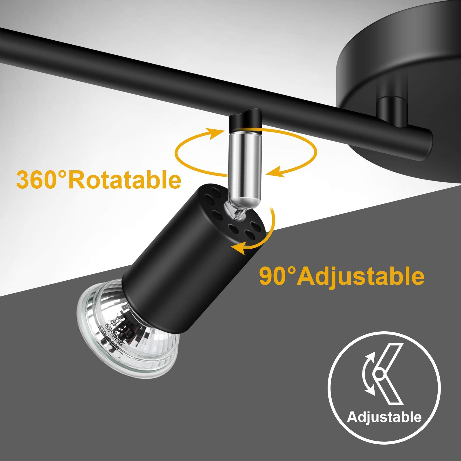 Ascher 4-Light Led Track Lighting Kit, Flexibly Rotatable Light Heads, 4 Way Ceiling Spotlight Black Finish, Including 4 Gu10 Le