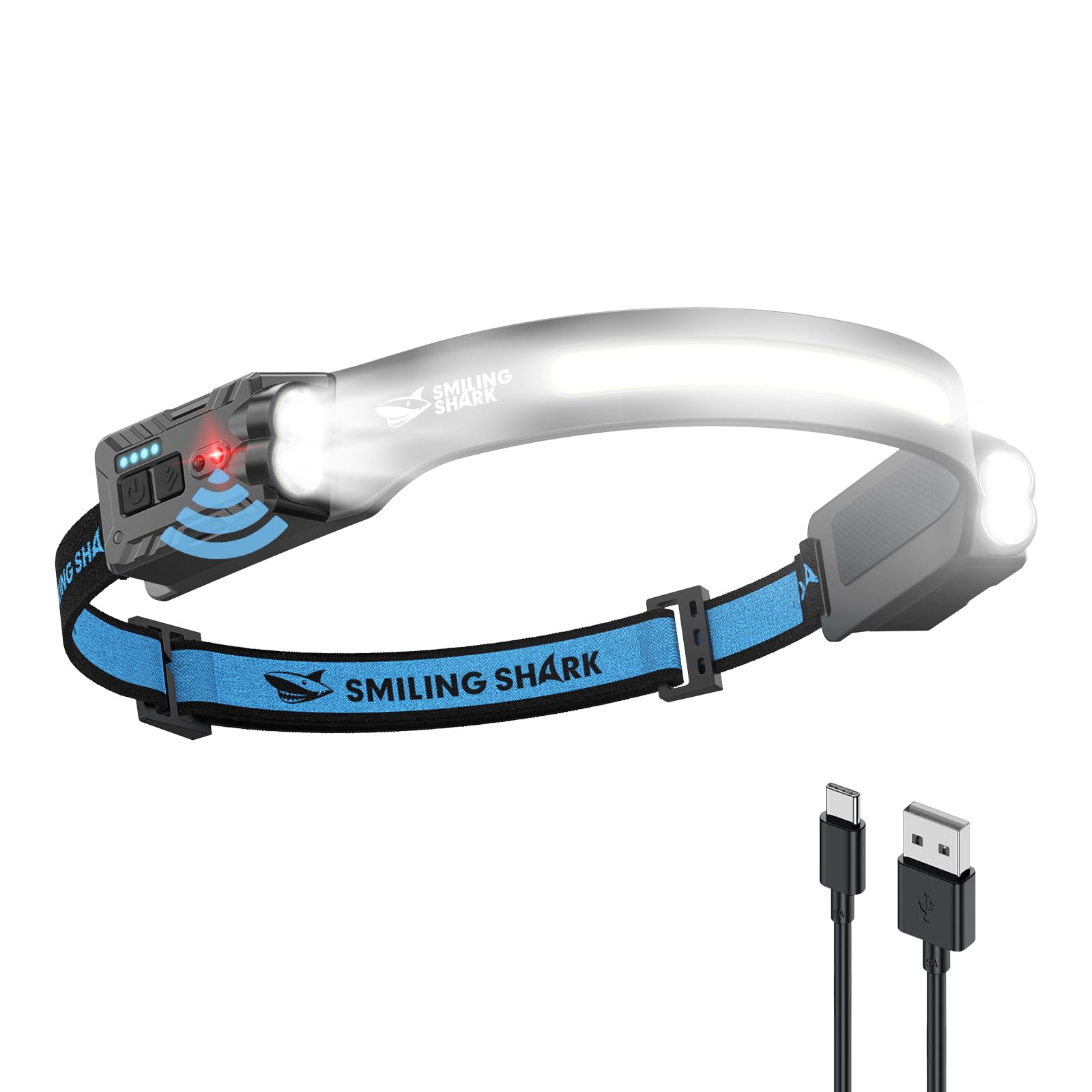 Smiling Shark TD-0123-S Headlamp, 2400mAh Ultra-Bright Head Lamp Flashlight Rechargeable with Hands-Free Motion Sensor, Multi-Mo