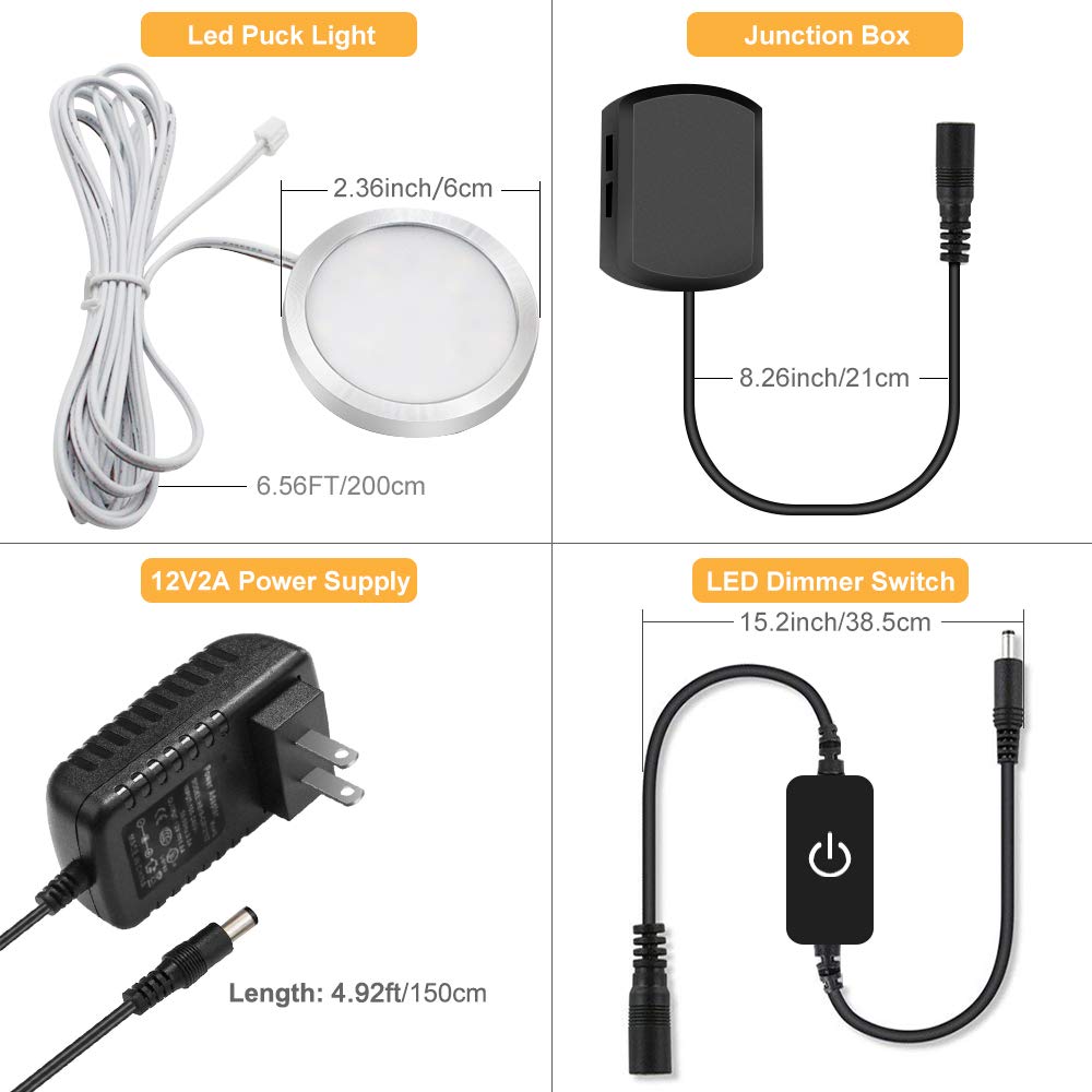 YGS-Tech 3 Pack LED Puck Lights, Touch Dimming, Aluminum, Daylight White, Under Cabinet Lighting, Silver Trim