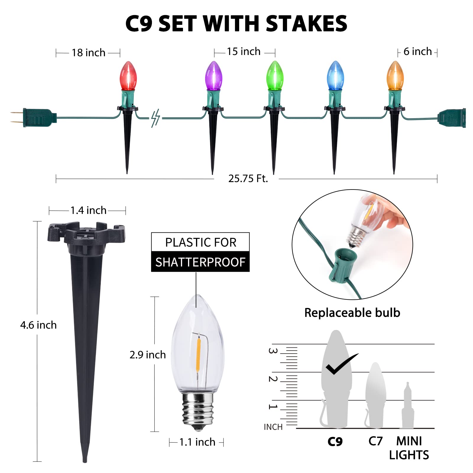 C9 Christmas String Lights Outdoor - 25.7 Feet 20 Led Christmas Pathway Lights With 20 Stakes Connectable Waterproof For Drivewa