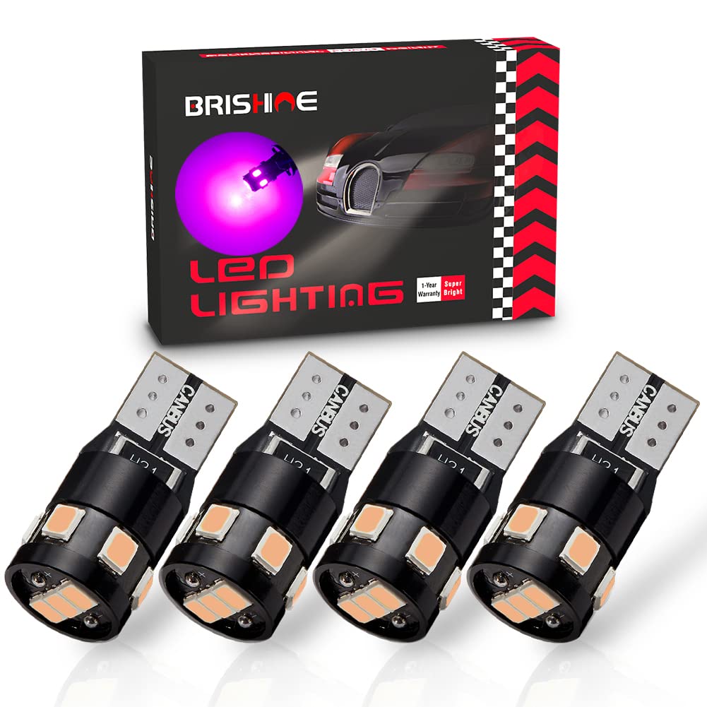 BRISHINE LED Bulbs 194 168 2825 W5W T10, 300LM, Purple, 9-SMD 2835 Chipsets, Pack of 4