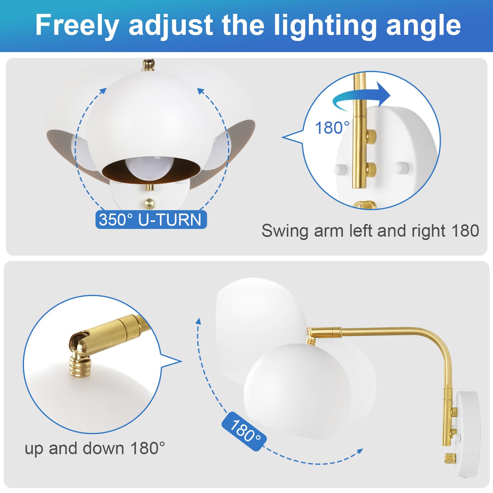 VATONI Wall Sconces Plug-in, Dimmable Swing Arm Lights, 2 Pack, White Globe, Metal, Model LSlamp-Whtsh-2P, Bulbs Included