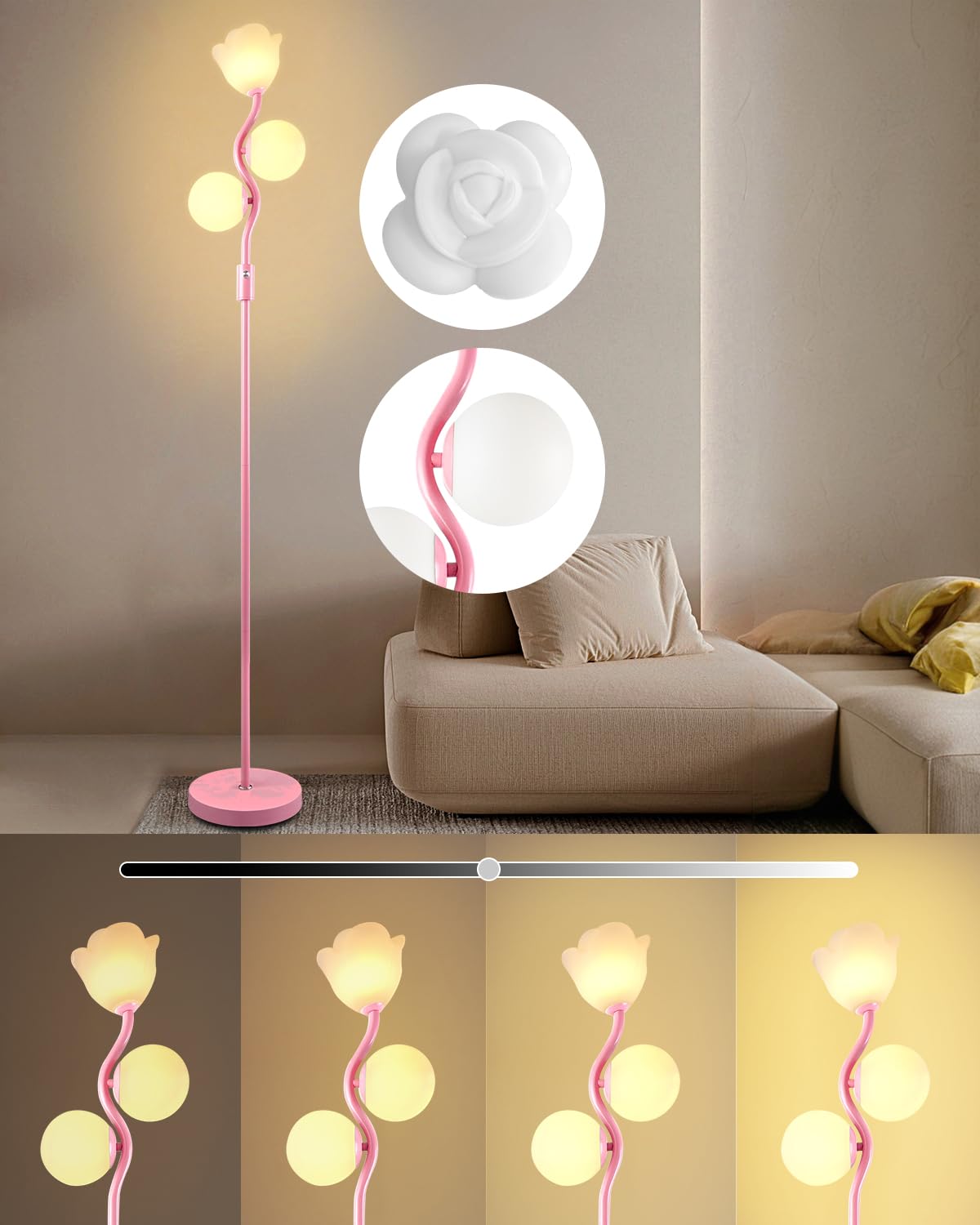Lightdot 65IN Dimmable Pink Floor Lamp for Living Room, Mid Century Modern Tall Standing Lamps with 1 Flower & 2Globe Lampshades