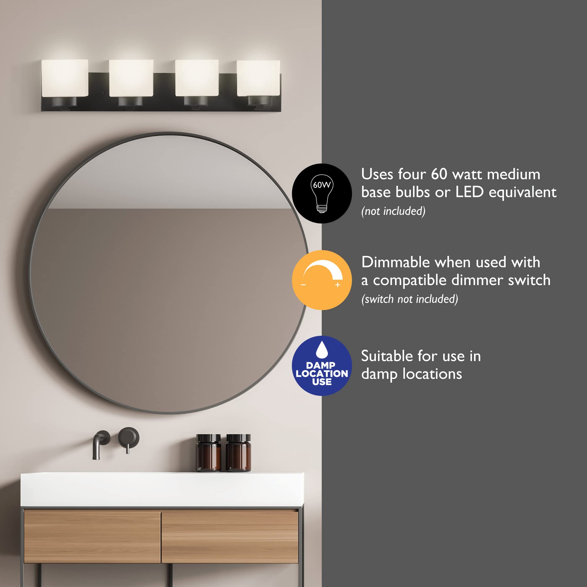 Design House Dove Creek Vanity Light Dimmable, Frosted Glass, 4-Light, Matte Black, Model 588426, Alloy Steel