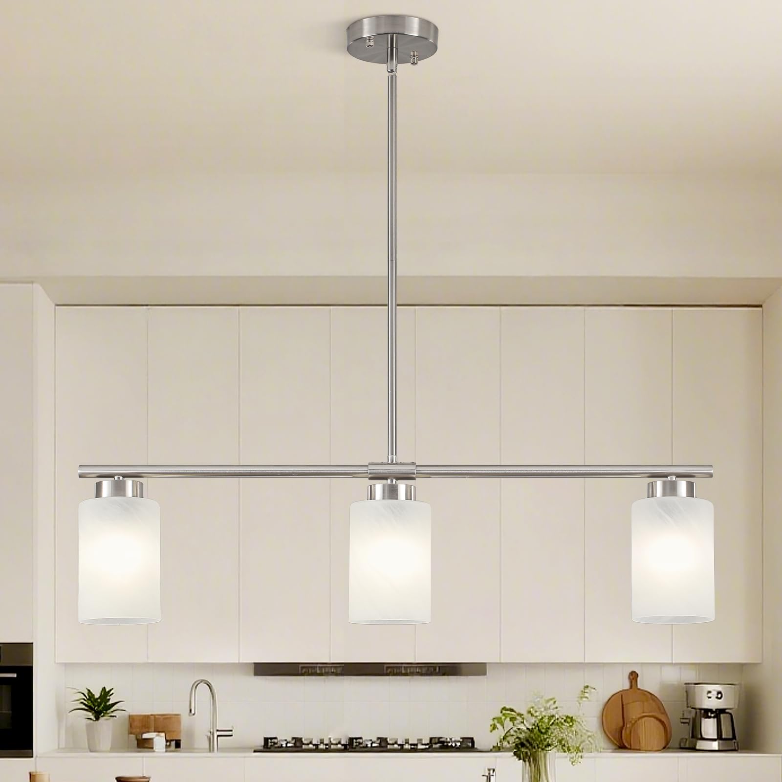 3-Light Kitchen Island Lighting Brushed Nickel Dining Room Light Fixture with Milk Glass Shade 31 Modern Linear Chandelier Adjus