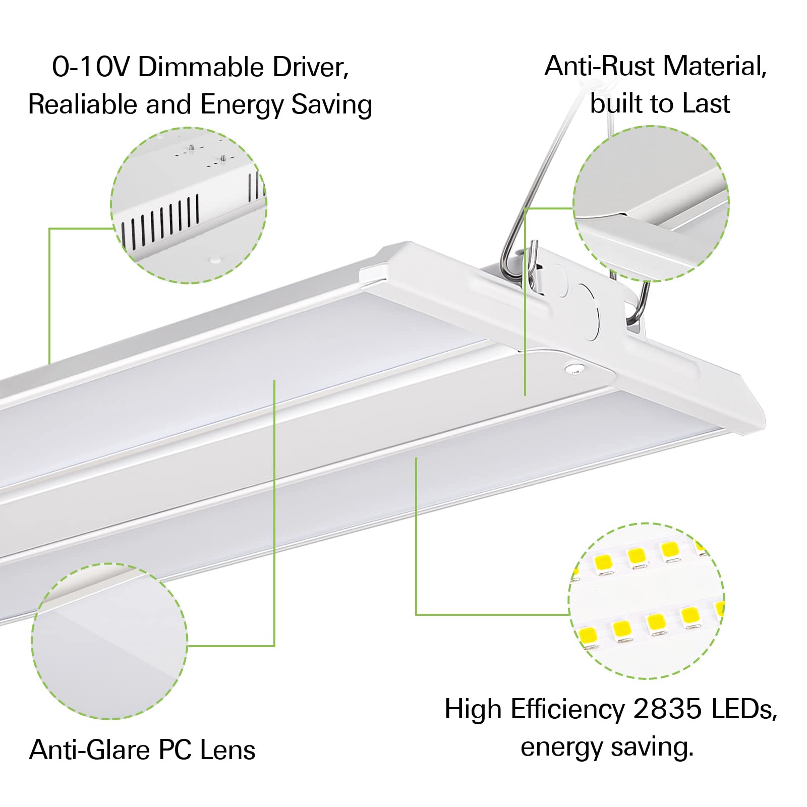 Hykolity 4FT LED Linear High Bay Shop Light, 250W, 31250lm, 5000K Daylight, Model HBHB-B4FT-250W-50