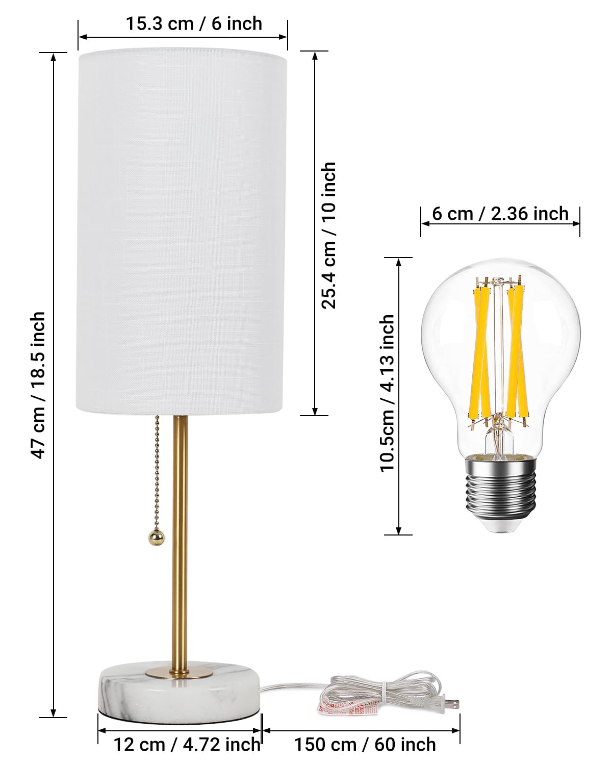 Junnai Small Table Lamp, Bedroom Lamps Set Of 2, 3 Way Dimmable Bedside Lamps With Marble Base & Linen Shade &Pull Chain Nightstand Lamps 18.5 Inches Desk Lamps For Living Room(Bulbs Included)