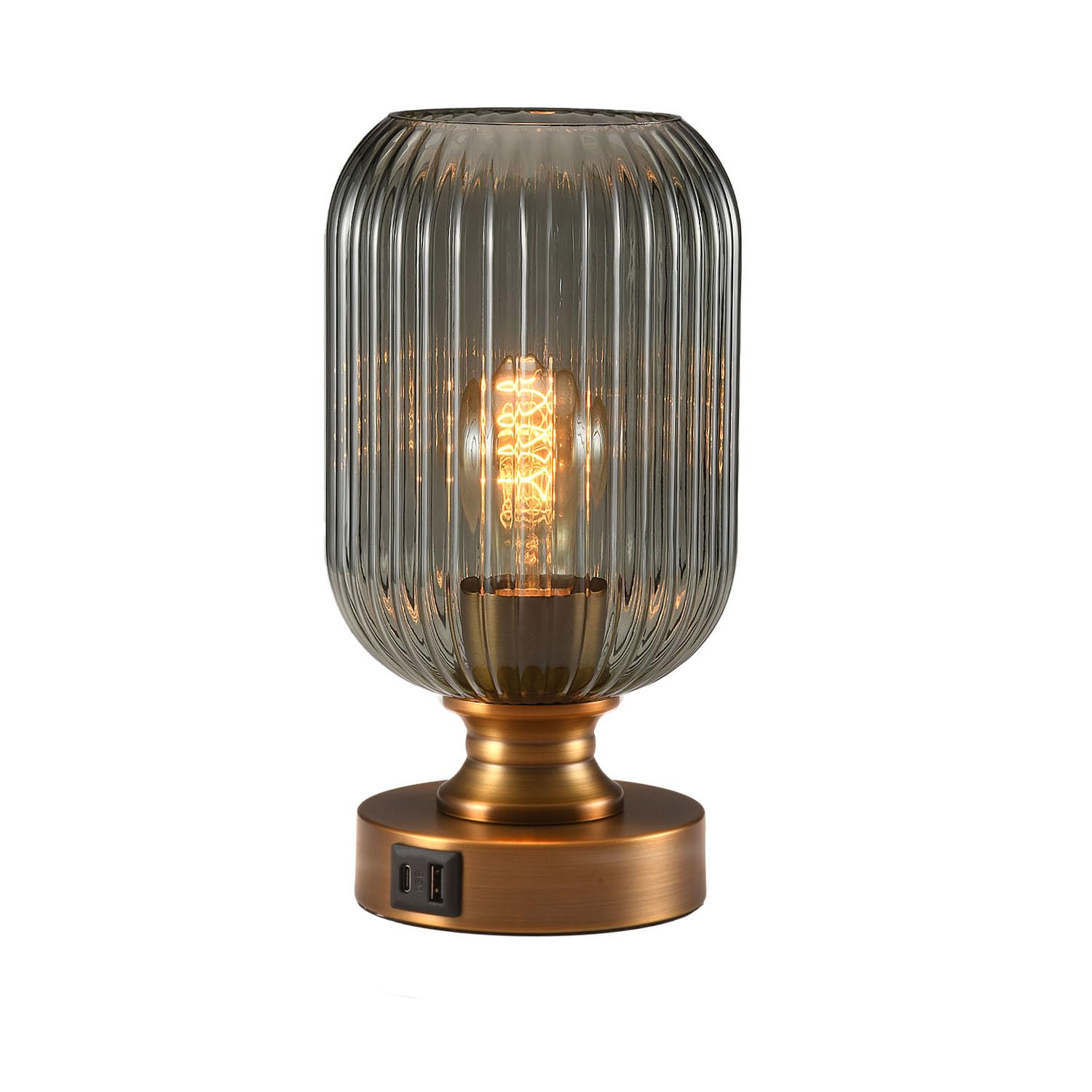 MAINDECO Mid Century Glass Table Lamp,Dimmable Desk Lamp,LED Bulb Included,Touch Control & USB A+C Port,Smoky Grey Glass