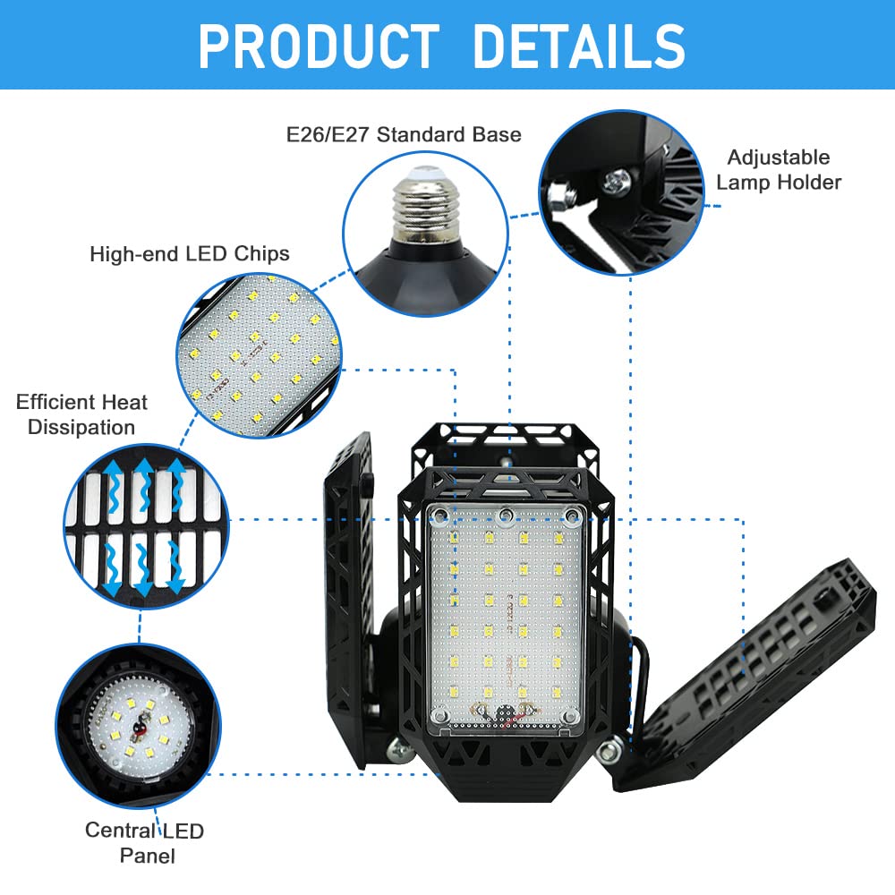 QiyuanLS 4-Pack LED Garage Light, 150W Deformable Ceiling Lights, 15000LM, E26/E27, Black, ABS+Aluminum, for Garage/Bas