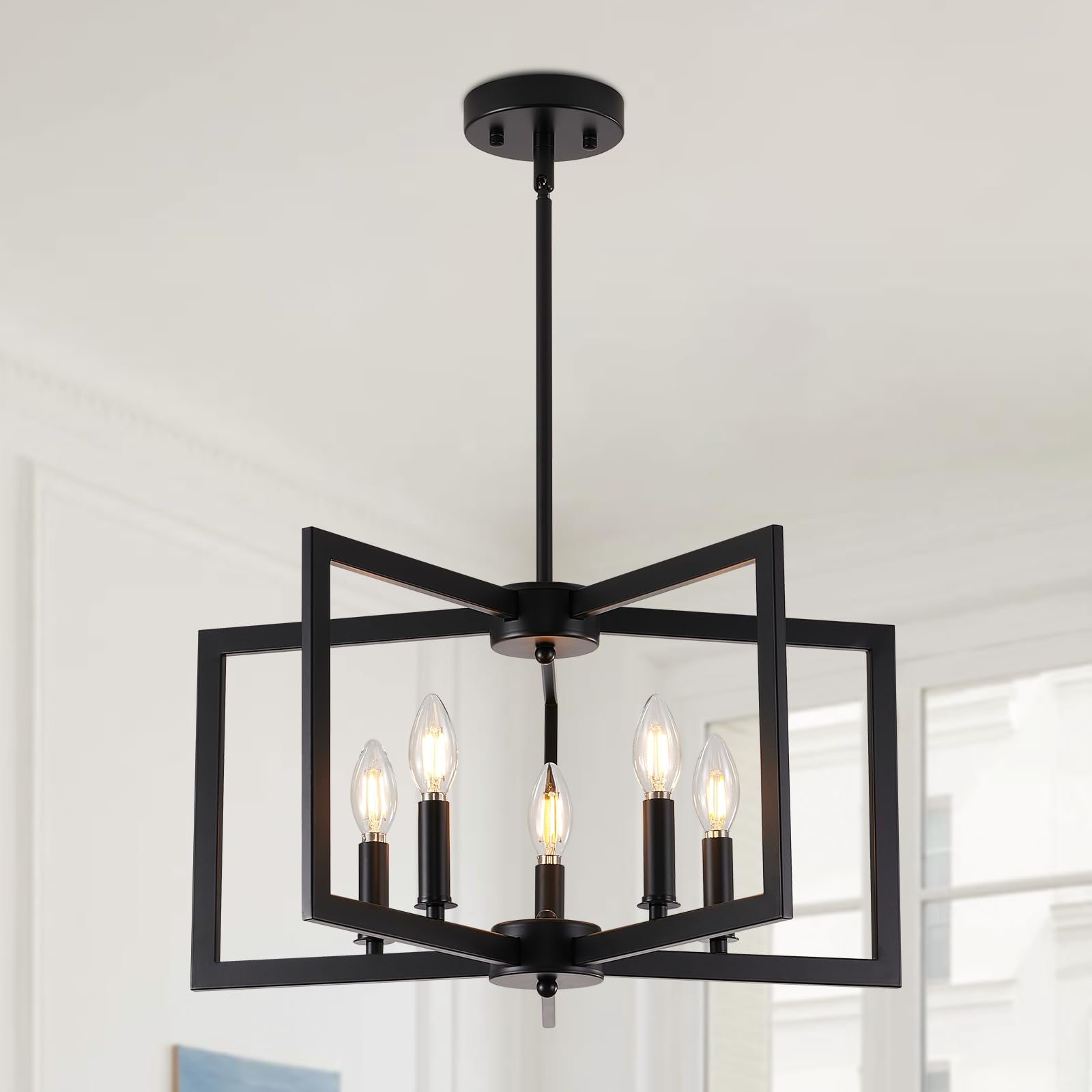 Miaybph Black Chandelier, 5-Light Dining Room Light Fixture Geometric Metal Modern Industrial Chandelier Lighting For Farmhouse Living Room Entryway Kitchen (Black, E12 Bulbs Not Included)