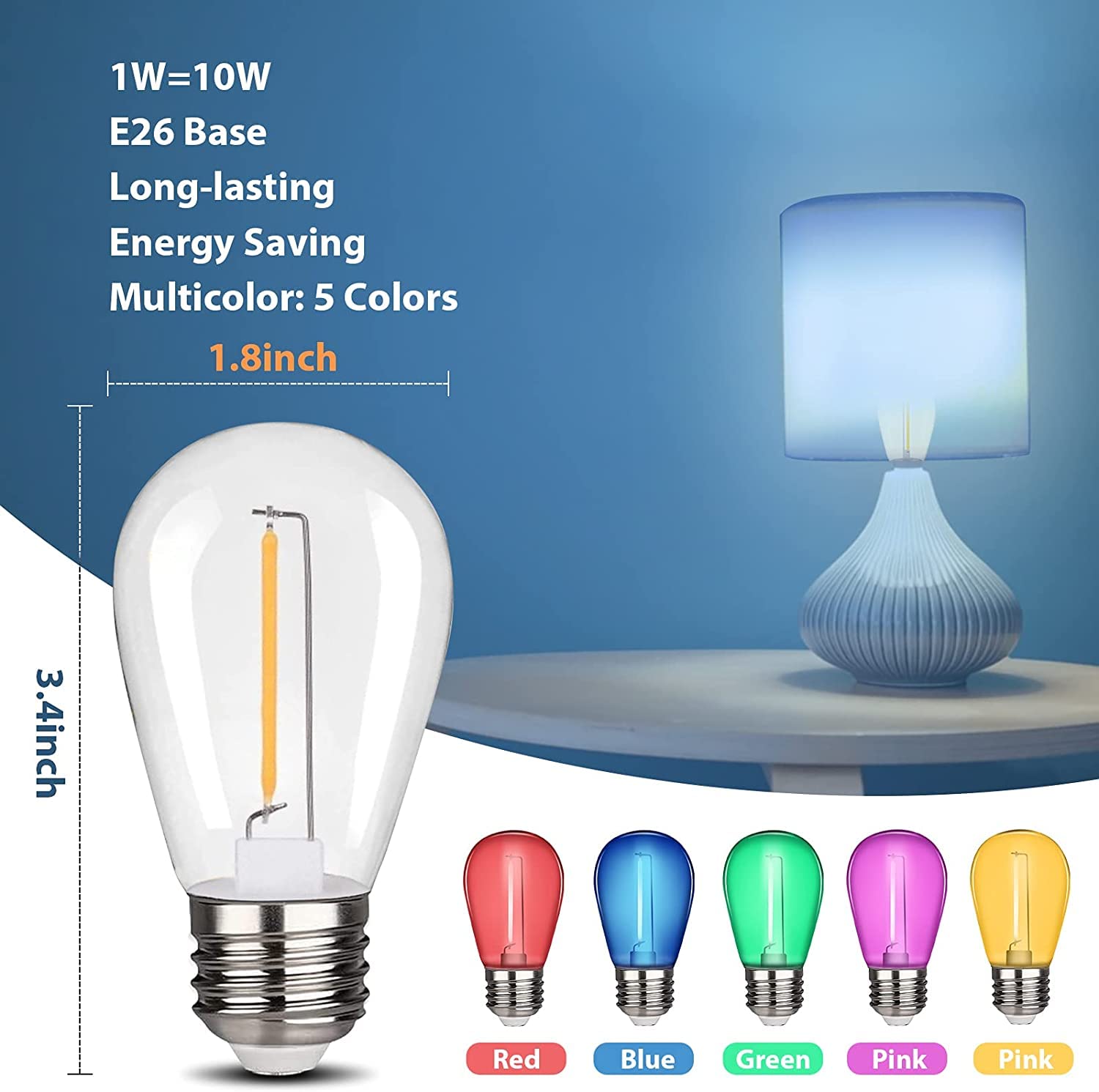 KQHBEN LED S14 Replacement Bulbs - 30-Pack, Multi-Colored, E26 Base, Polycarbonate for Halloween/Christmas Decor