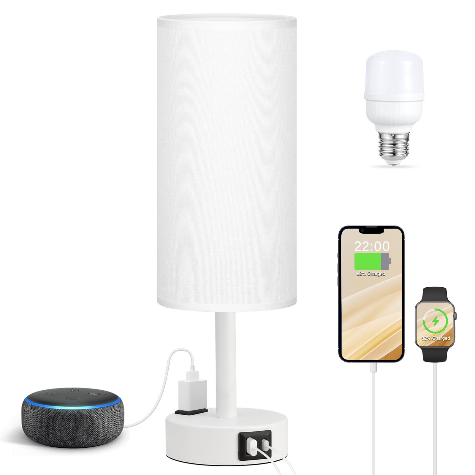 Fenmzee Matte White Bedside Table Lamp for Bedroom - 3 Way Dimmable Touch Lamp USB C Charging Ports and AC Outlet, Small Lamp Ro