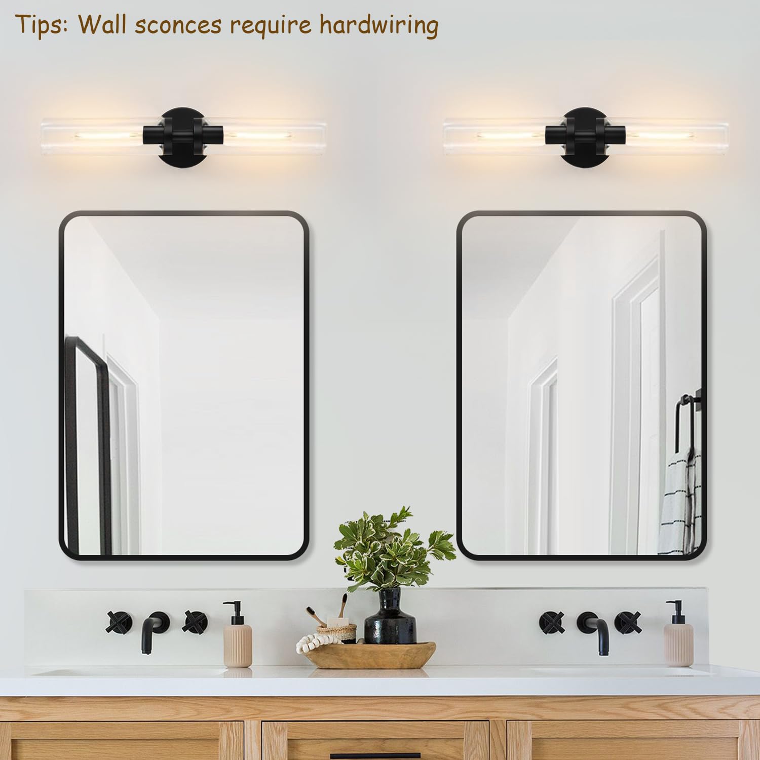 Wall Sconces Set Of Two, Hardwired Matte Black Bathroom Sconces Wall Lighting With Clear Glass, Modern Sconces Wall Decor Set Of