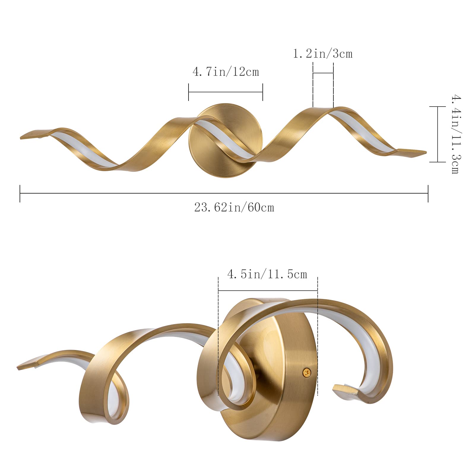 Huoku 24" Dimmable Gold Led Bathroom Light, Spiral Design Vanity Fixture, 15W Cold White 6000K