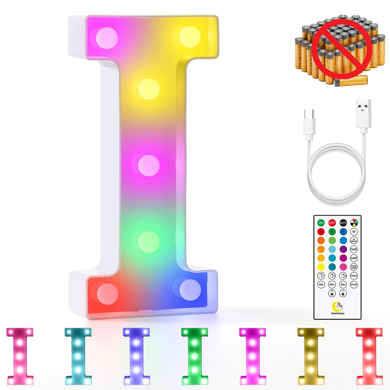 Mooncow Rechargeable Light Up Letters Colorful Marquee Letters With Remote Gift Wrap Gifts Bedroom Home Bar Party Decor (I)