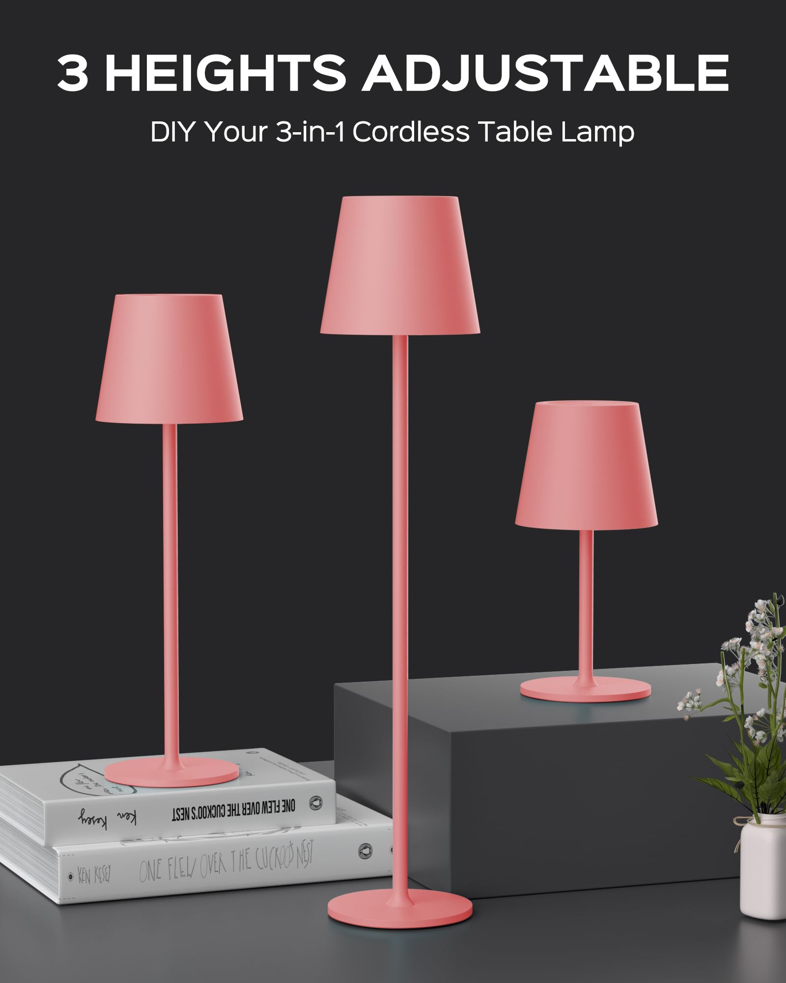JACKYLED Cordless Table Lamps, 3 Adjustable Heights, Waterproof, 5000mAh Battery, 2 Pack, Girly Pink, Model JKTL02-7005409I