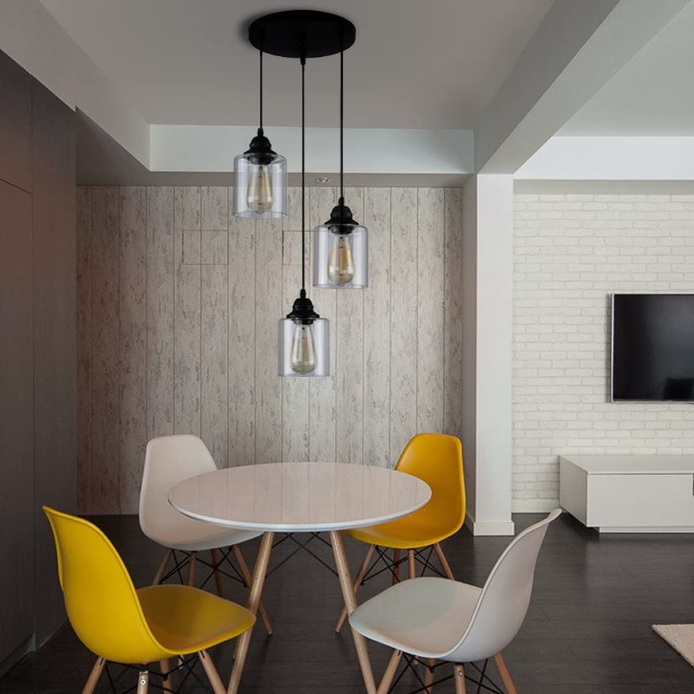 SINMILA Industrial Pendant Light - 3-Lights Matte Black Glass Shade, Adjustable Retro Fixture for Kitchen and Farmhouse