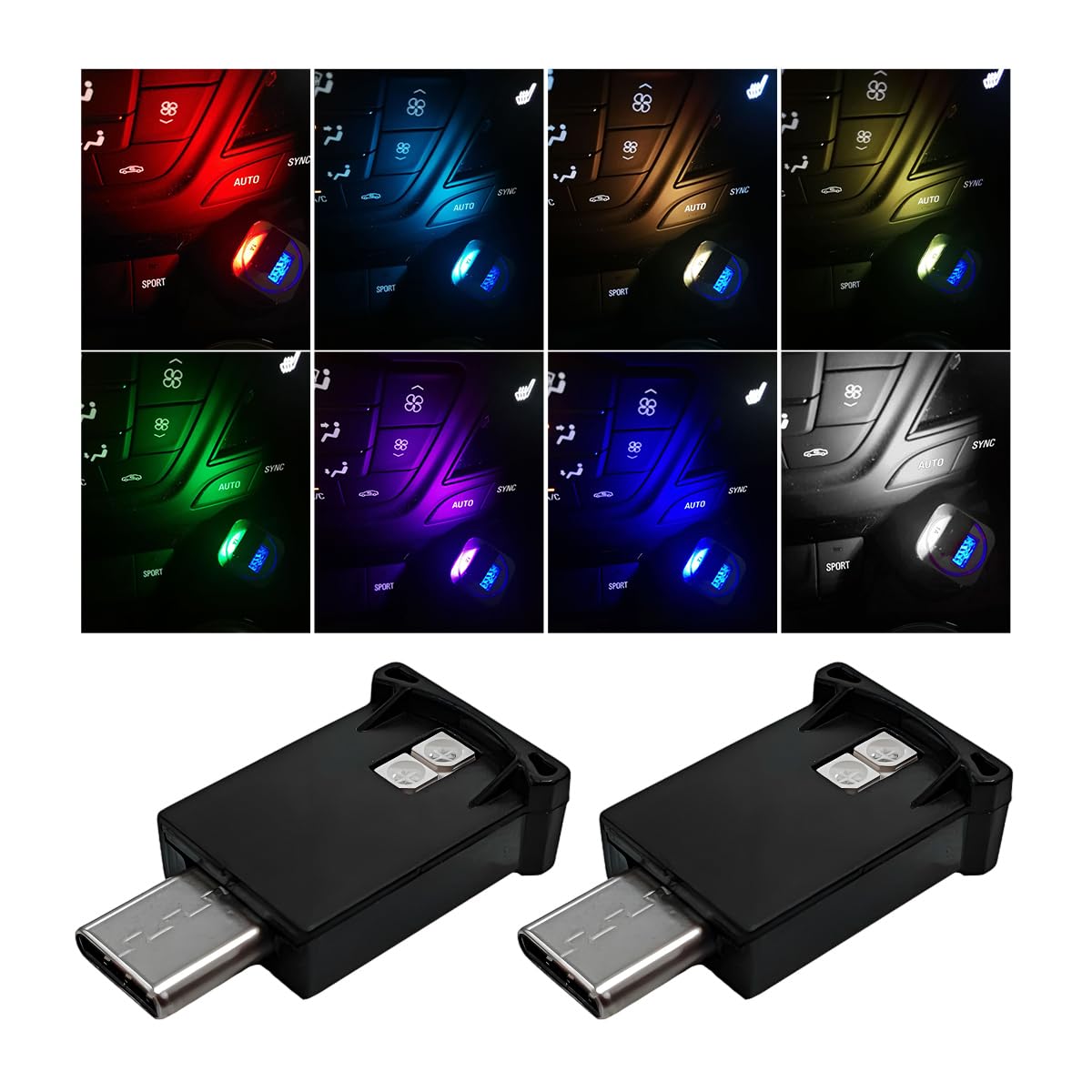 Wevdn 2 PCS USB Type C LED Ambient Light  Adjustable Brightness 8 Color RGB LED Interior Lighting  Mini USB Night Atmosphere Lamp for Car Home Decoration  Universal Car Interior Accessories