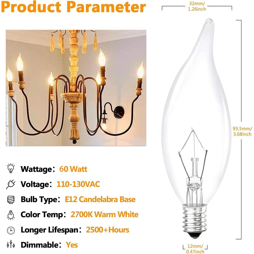 Tiqian E12 60W B10 Clear Dimmable Light Bulbs, 2700K Glass Candle Bulbs, 6-Pack for Chandeliers and Ceiling Fans