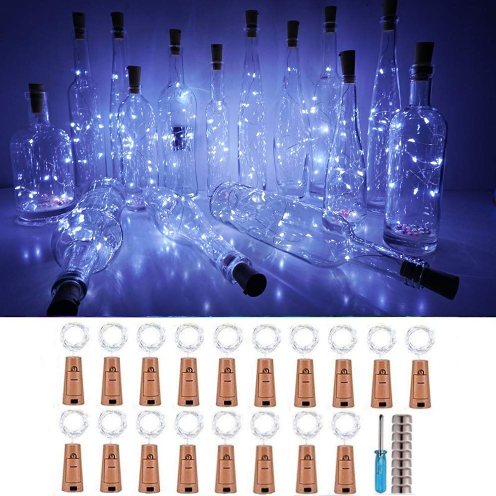 SunKite Wine Bottle String Lights with Cork,18 Pack 20 LED 2M Battery Operated Mini Silver Copper Wire Fairy Lights for DIY Party Wedding Table Centerpieces Decor (Cool White)