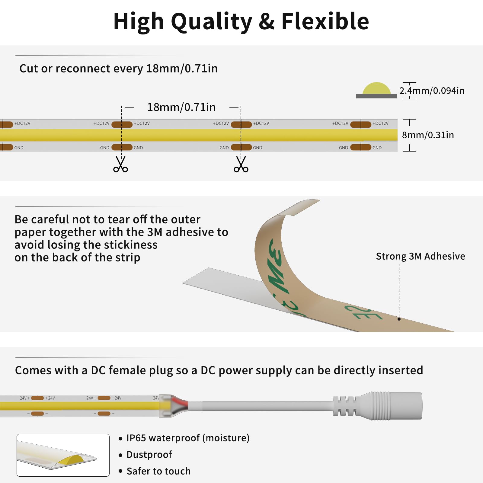 Cob Led Strip Warm White 3000K Ip65 Dc12V,Pautix 18Ft/5.5M 2772Leds Cri90+ Flexible Led Tape Lights For Cabinet Engineering Home