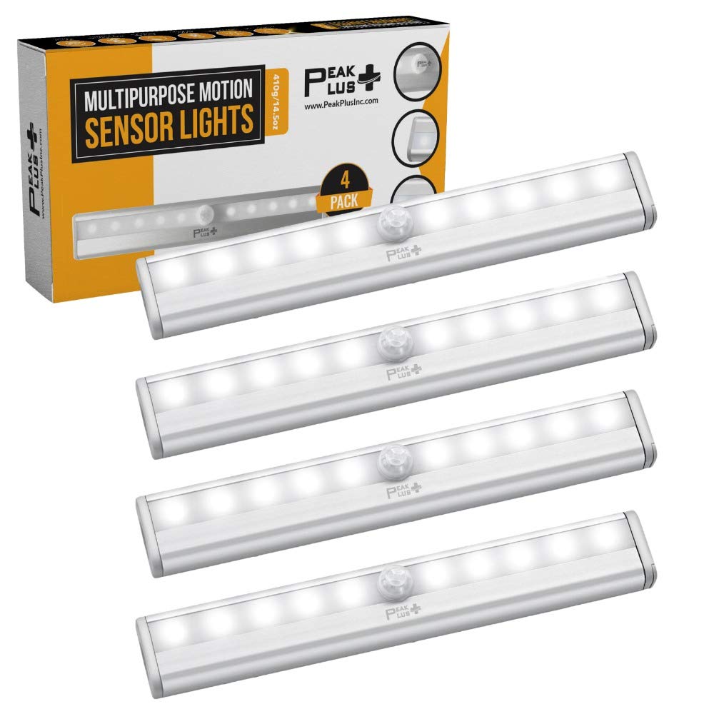 PeakPlus LED Motion Sensor Light, 10-LED Battery Operated, Silver, Model PPMSUCLP4, 4 Pack for Under Cabinet, Closet, Stairway