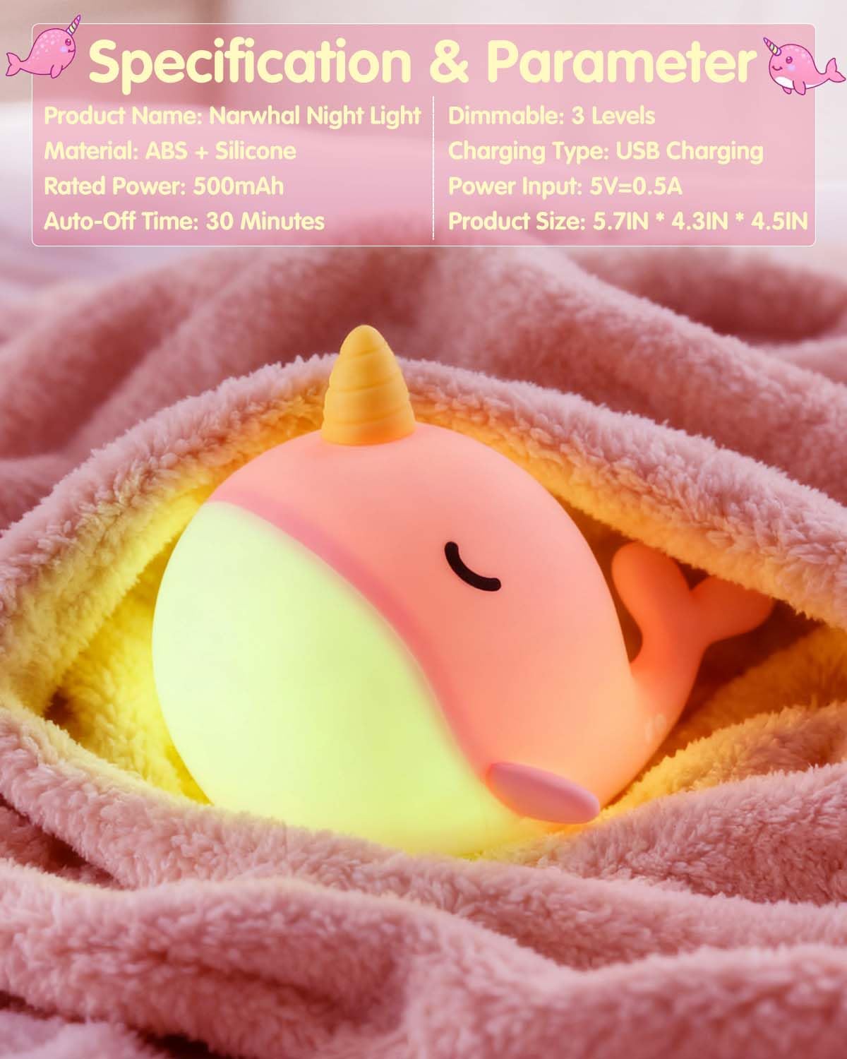 Fuloon Narwhal Night Light With Whale Shape  Squishy Silicone Kids Lamp  Safe & Soothing Touch Control For Kids And Babies  Usb-C Rechargeable  30-Min Auto Timer  Gift Idea (Pink)