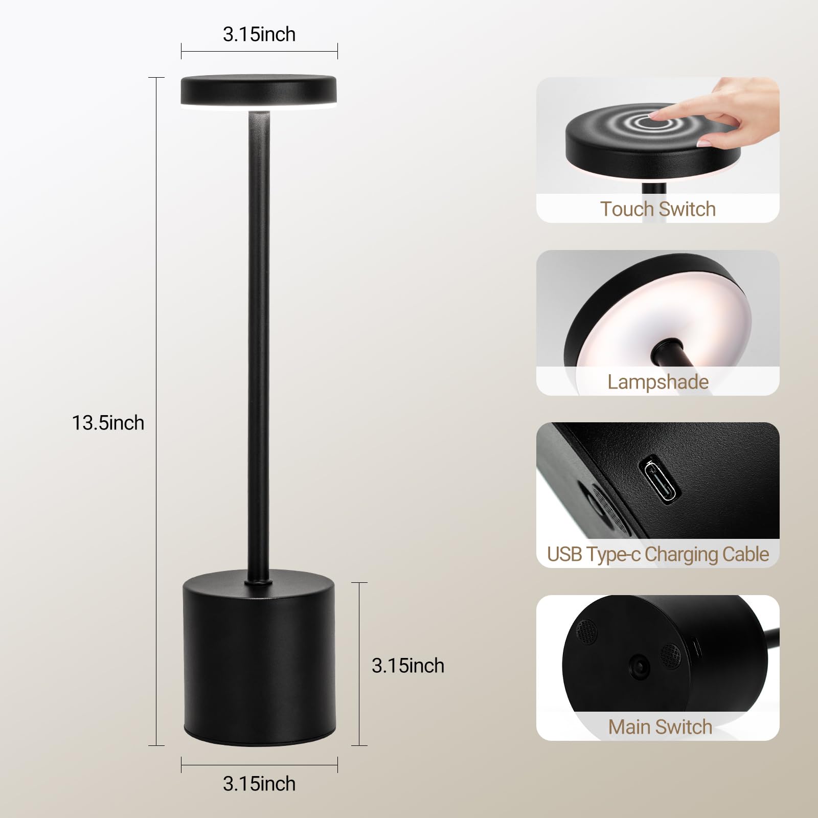 Zoopeen 2 Pack Led Cordless Rechargeable Table Lamp,5200Mah Battery Operated Desk Light,Touch 3 Color & Stepless Dimming Bedside