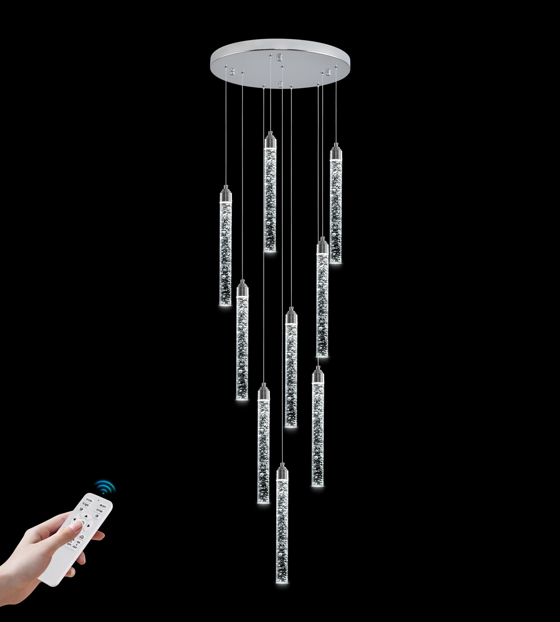 YwueChwu Crystal Staircase Chandelier, 9 Lights, Dimmable LED, Silver, Model YWSC-S09-0116