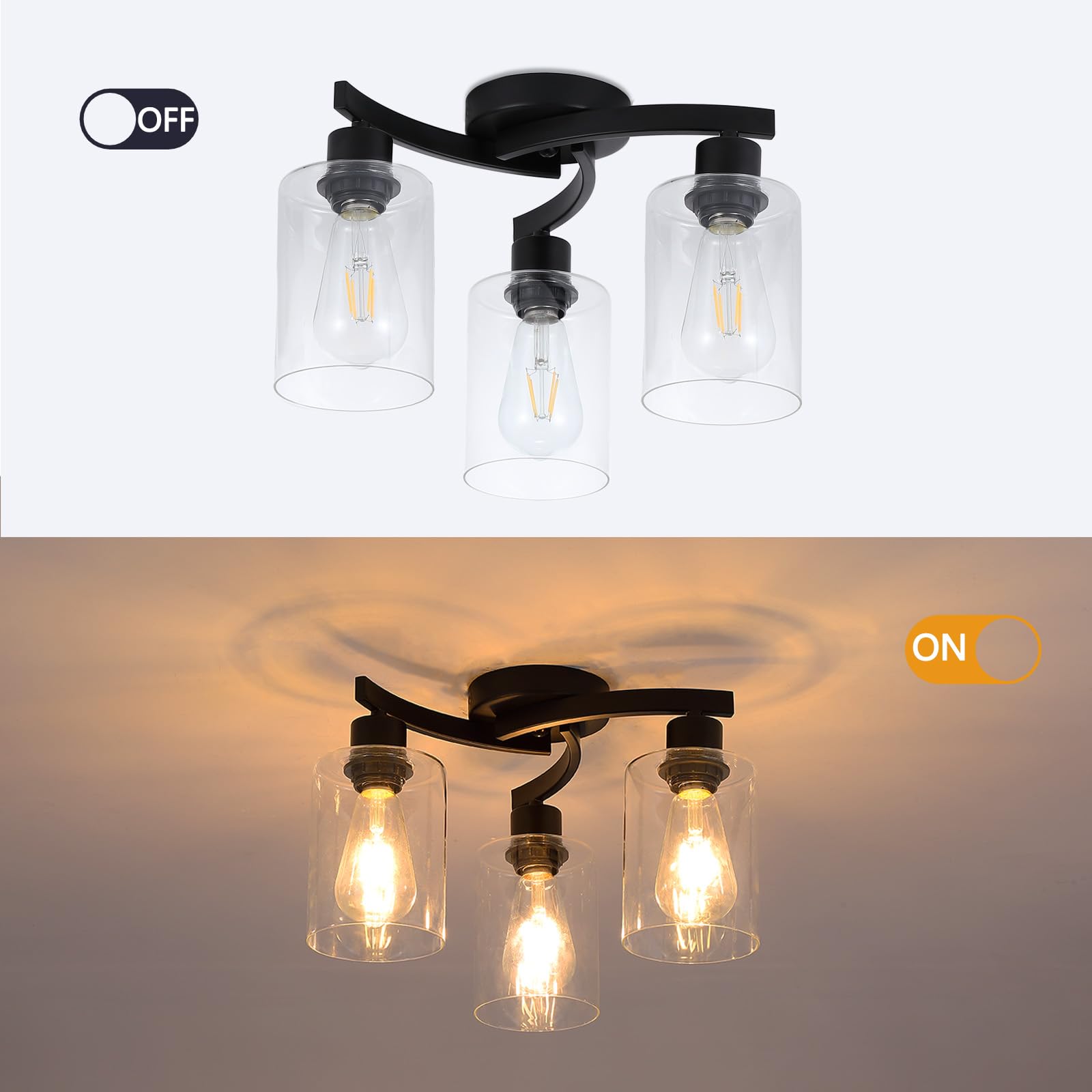 3Wwwuee 3-Light Semi Flush Mount Ceiling Light, Modern Close To Ceiling Light Fixtures With Clear Glass Shades, Black Light Fixt