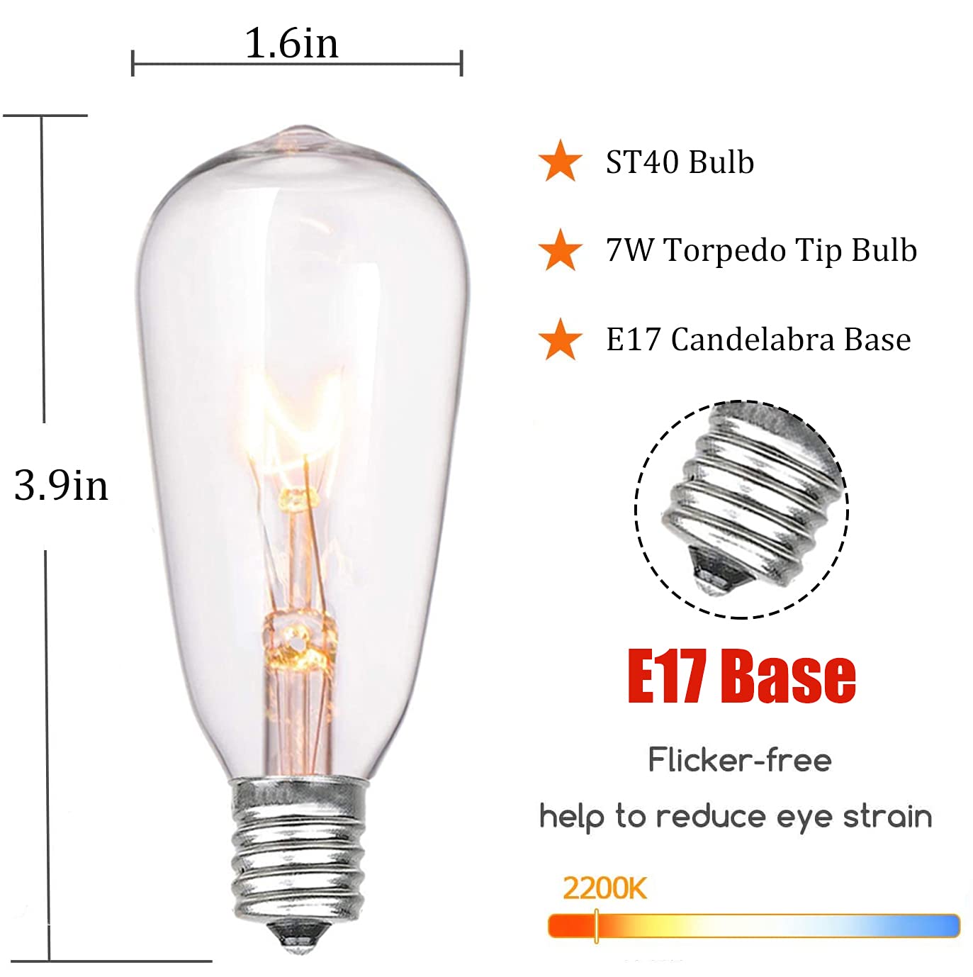 Doratale 10 Pack ST40 Clear Edison Replacement Bulbs, 7W Vintage Outdoor String Lights, Warm White, E17 Screw Base