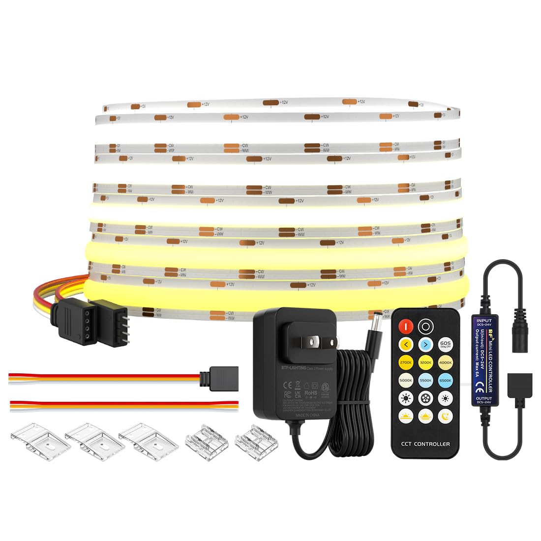 Btf-Lighting Fcob Led Strip Kit 16.4Ft Rf Dimmable 3000K-6000K White 640Led/M Dc24V For Bedroom Kitchen Under Cabinet