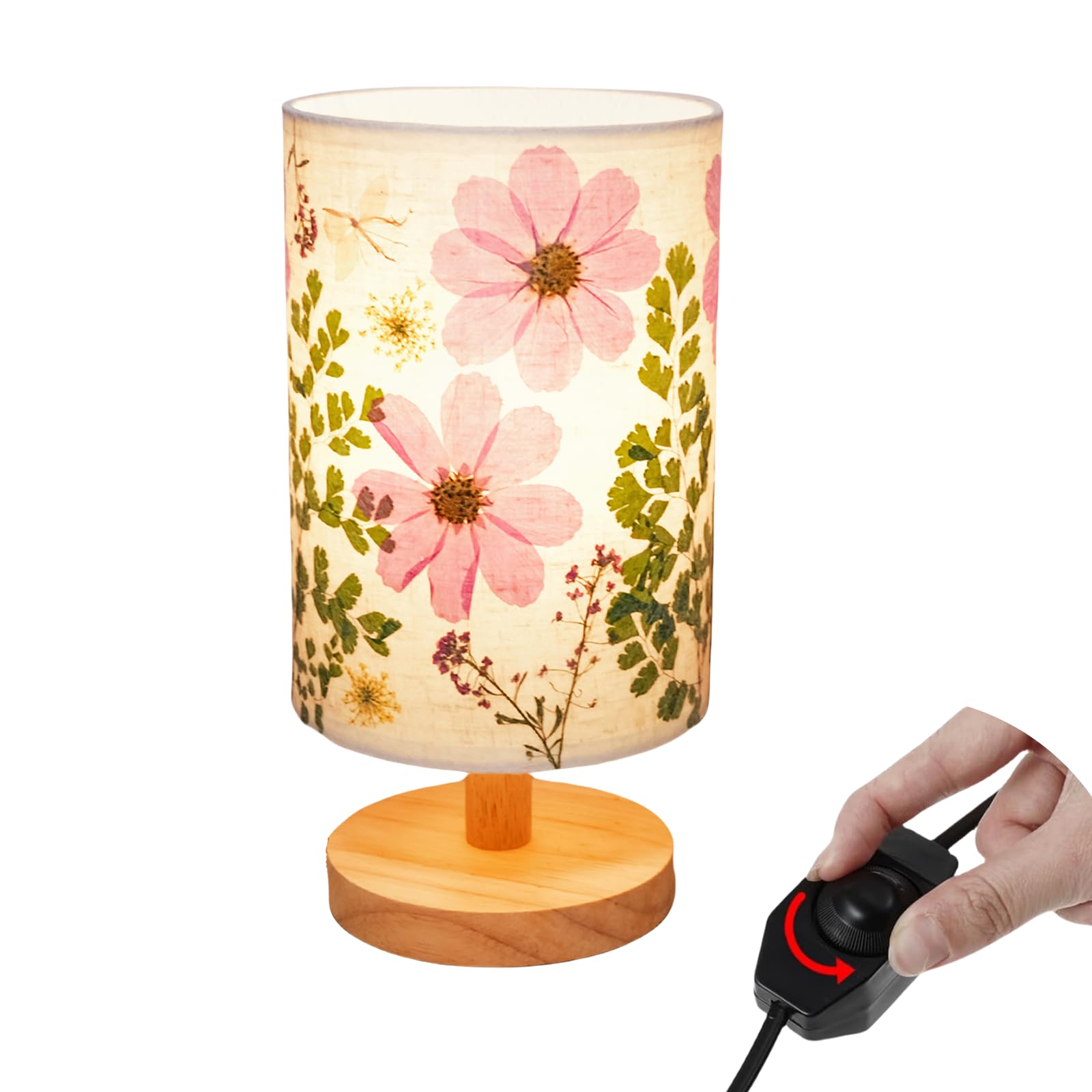 Floresita Dried Flowers Table Lamp 9W Led Dimmable Warm Light Pressed Flower Bedside Lamp Linen Shade With Wood Base For Bedroom