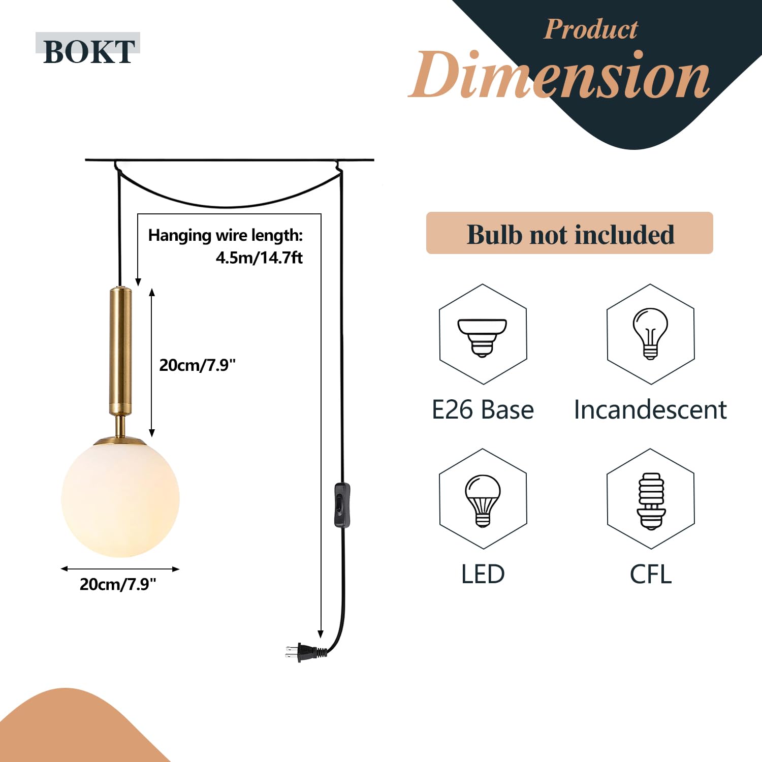 Bokt Mid Century Modern Large Gold Globe Hanging Pendant Light Plug In Brushed Brass White Glass Hanging Lamp Plug In Cord Minim