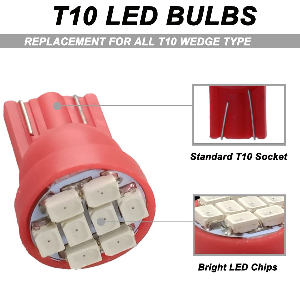 Winetis T10 194 168 Led Dash Instrument Light Bulbs Pure Red With Twist Lock Socket, Extremely Bright T10 Instrument Panel Gauge