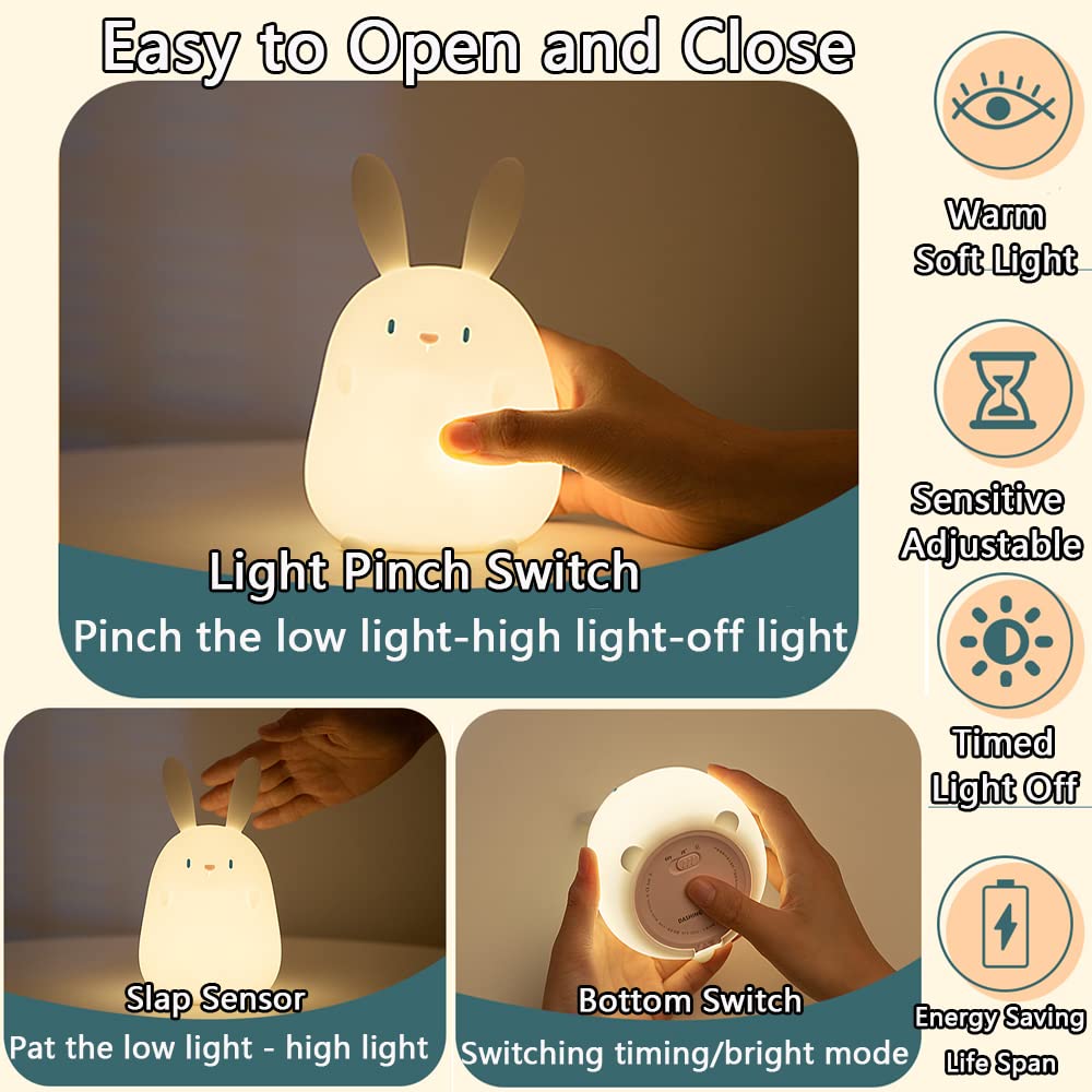 LEDHOLYT Bunny Night Light for Kids, Silicone Rabbit Lamp, Cute Bedside Decor, Kawaii Design, Ideal for Baby and Toddler Room
