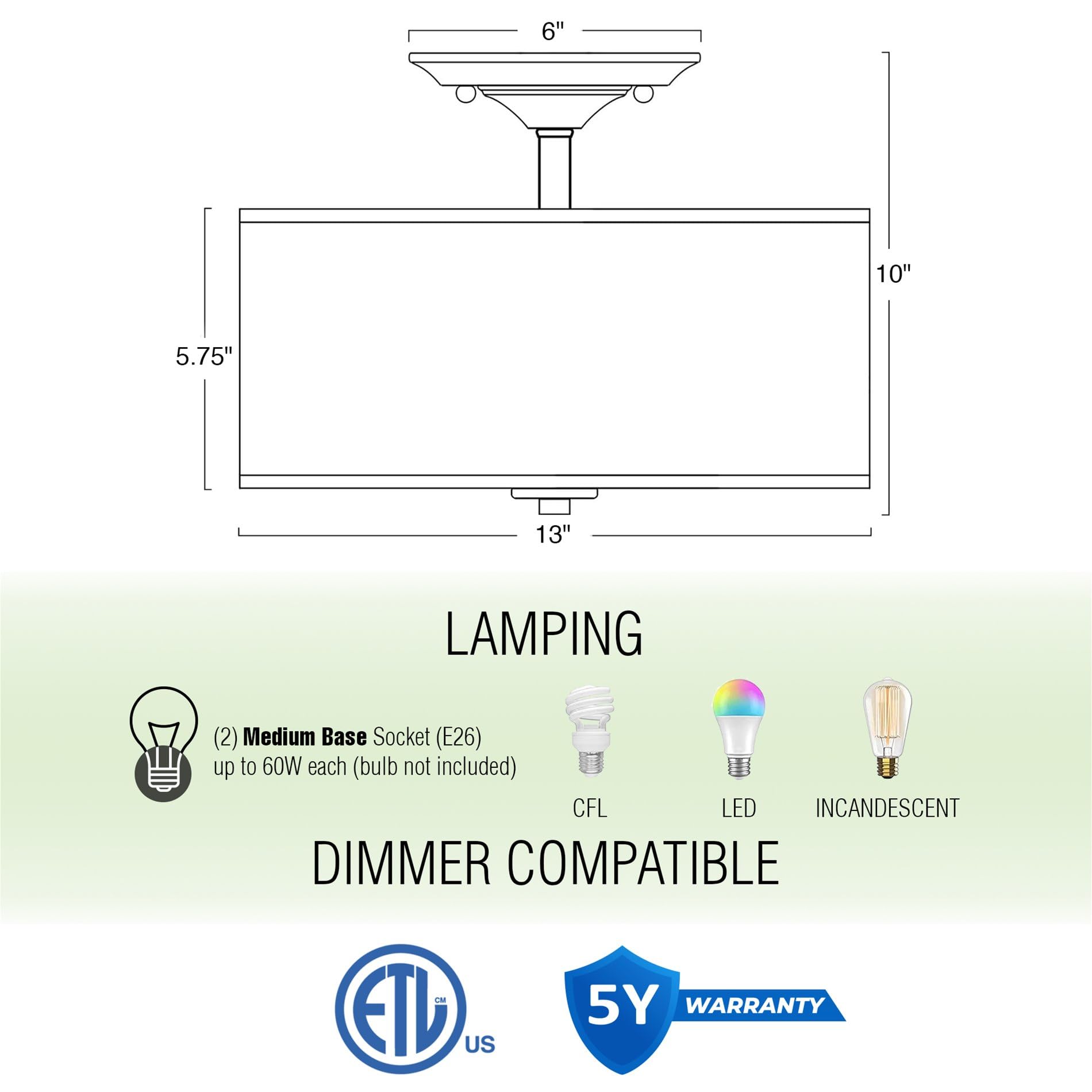 Kira Home 13in 2-Light Semi-Flush Mount Ceiling Light, Off-White Fabric Shade, Bronze Finish, Model OpenBox-RV-CSF615-414-OB