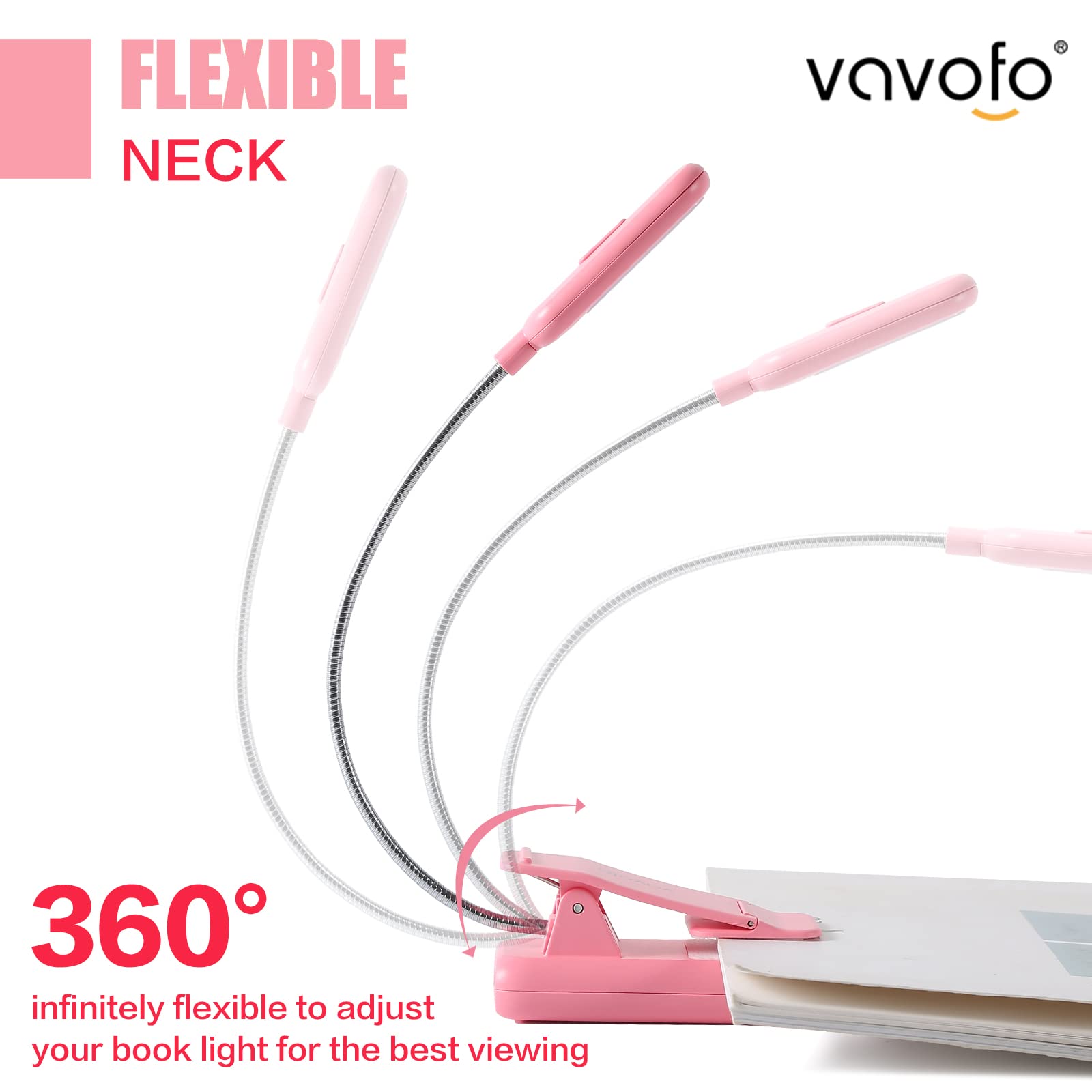 VAVOFO Rechargeable Book Light, 7 LED, 9-Level Warm Cool White, Eye Care Lamp, Model KM-6720, Pink