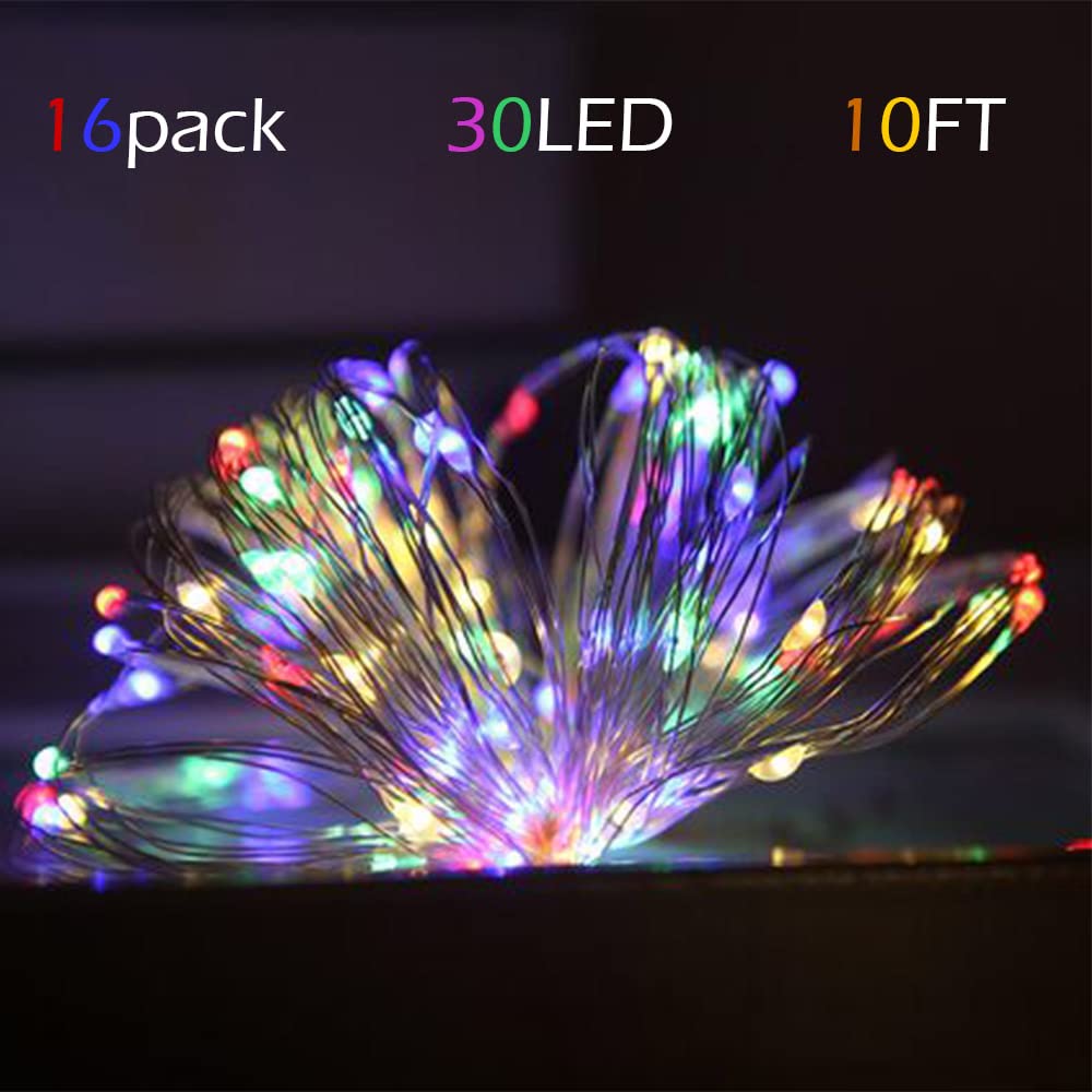 16 Pack LED Fairy Lights Battery Operated - 10FT 30LED Copper Wire Mason Jar String Lights, IP65 Waterproof, Bendable for Indoor