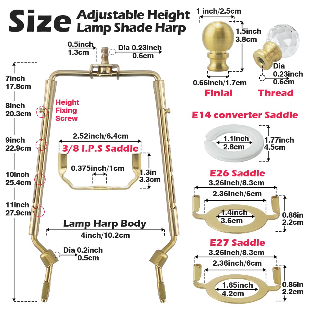 Asjeumt 8 9 10 11 Inch Brass Lamp Shade Harp Holder, Adjustable Height Harp Kit With Crystal & Metal Finial, Diy Replacement Mak