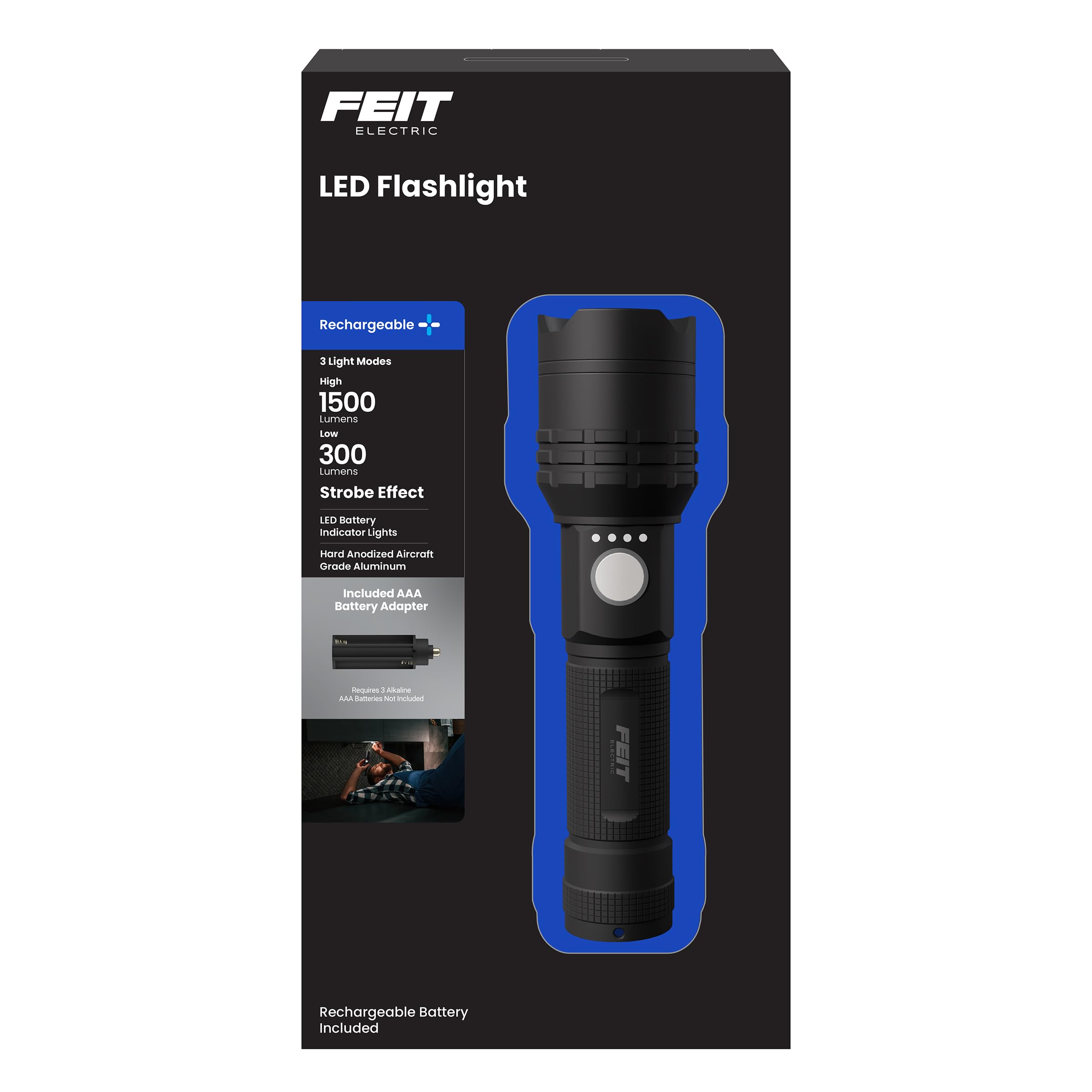 Feit Electric 6in Flex Power Flashlight, 1500 Lumens, Rechargeable & AAA Battery Compatible, USB-C Charging, Adjustable Beam, Ai