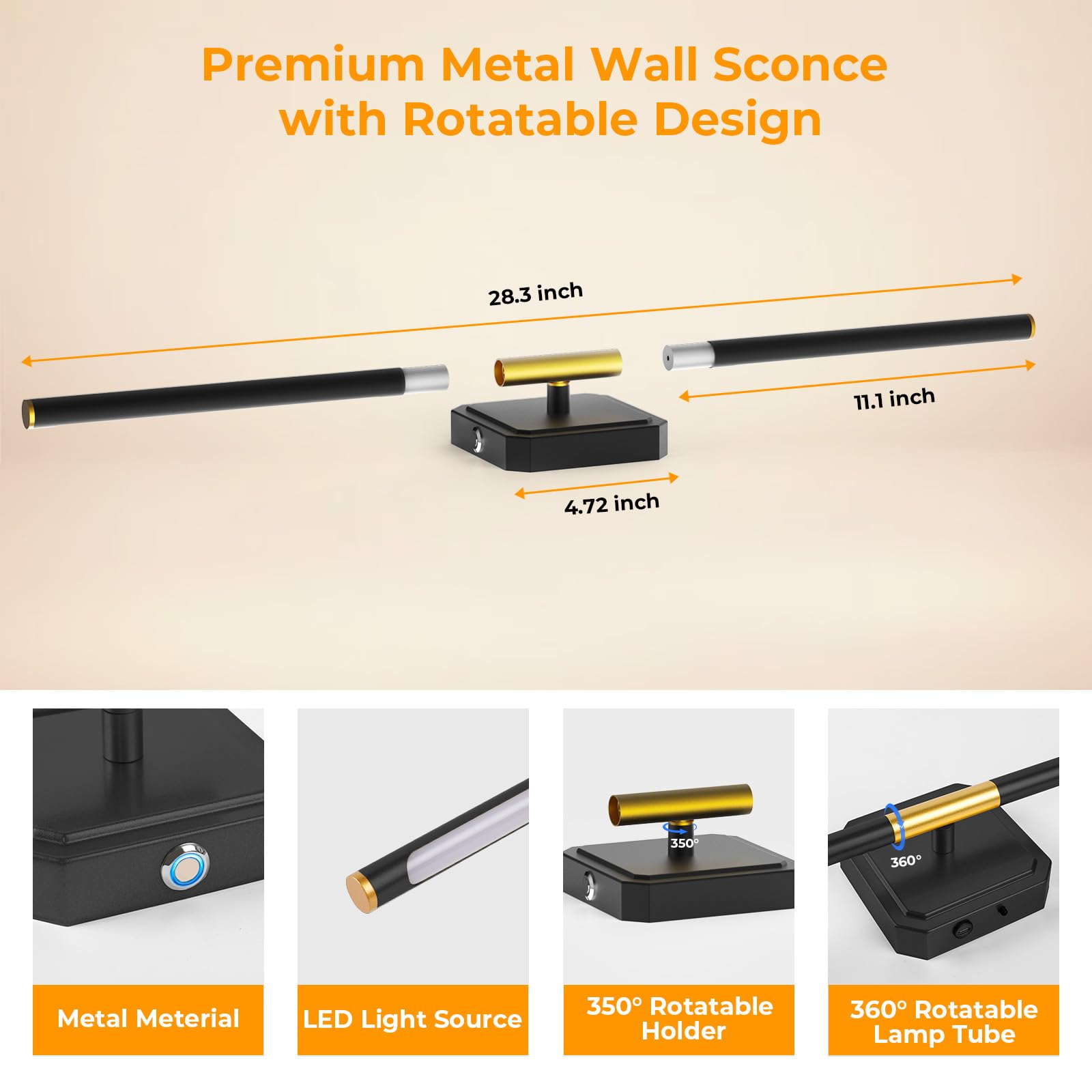 GvvooHome Wall Sconces Set of 2, 3000-6500K Dimmable, 360° Rotate, Rechargeable, Black-Square Base, Model HCP