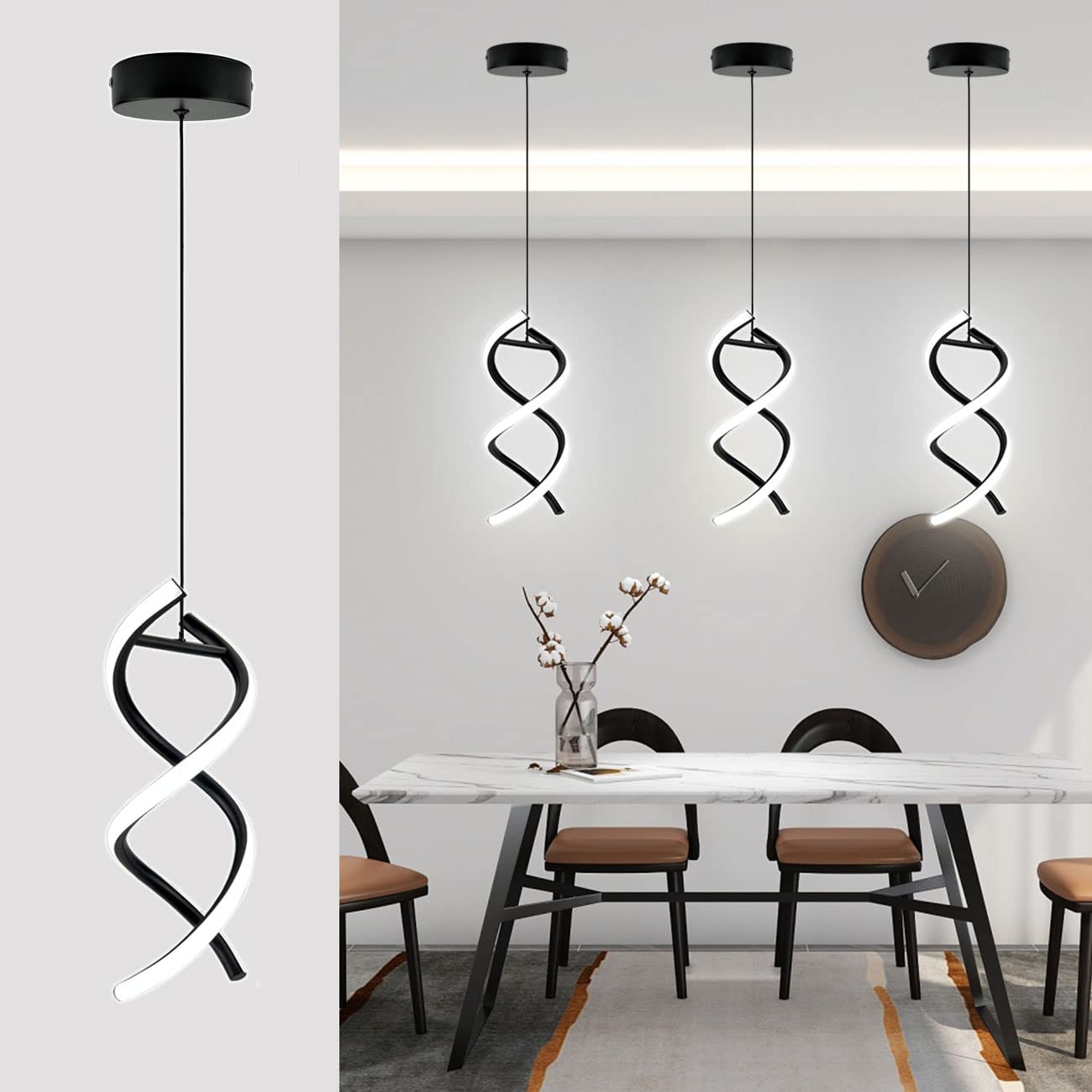 CANEOE Spiral LED Pendant Light Fixture, 15W Cold White, Adjustable Modern Hanging Lamp, Black
