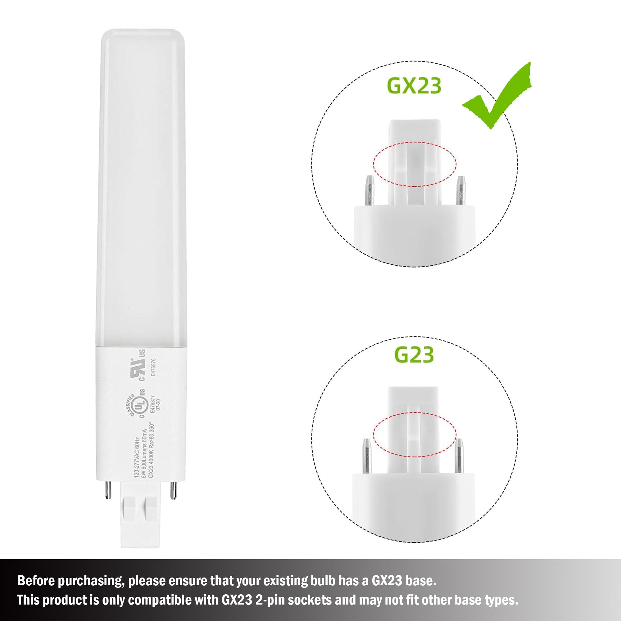 Legental GX23 LED Bulbs, 6W (13W CFL Equivalent), 2-Pin PL, Warm White 3000K, 2 Pack, UL Listed, Plastic