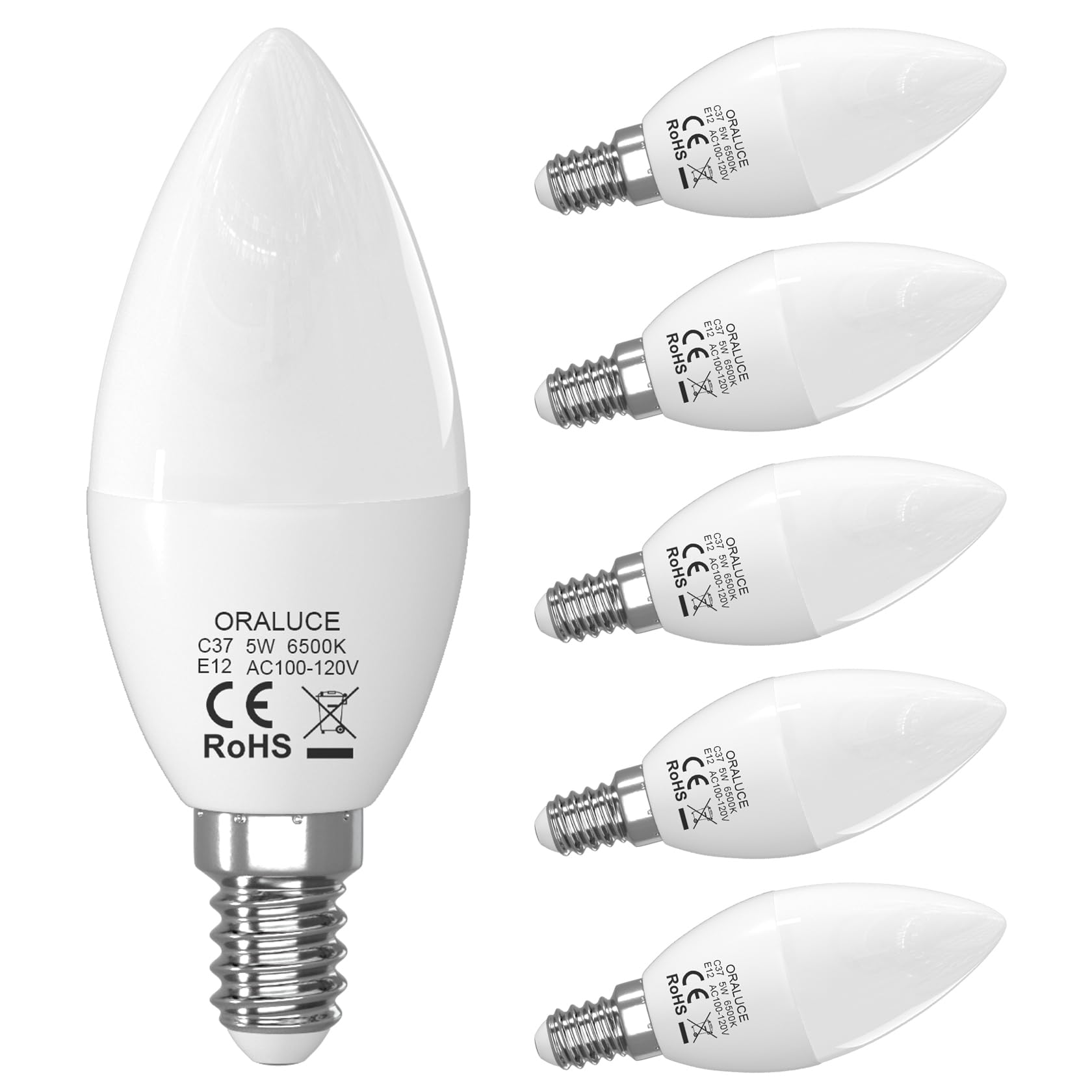 ORALUCE E12 LED Candelabra Light Bulbs, 5W 450LM, 6500K Cool White, Non-dimmable, 6 Count, Plastic
