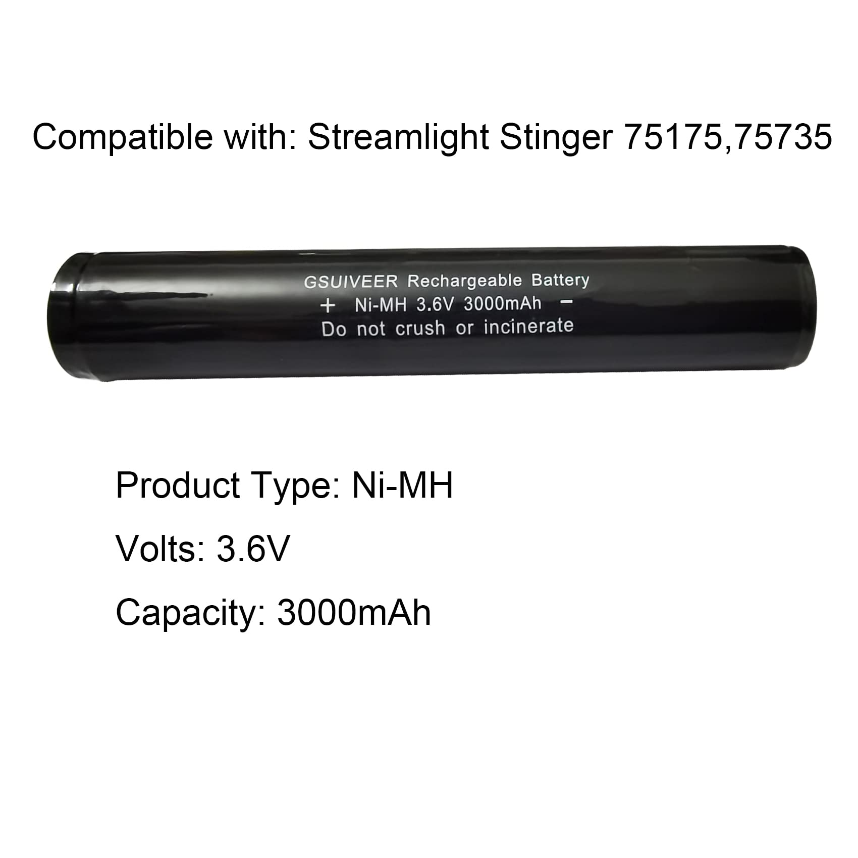 Gsuiveer 1 Pack 75175 75375 3.6V 3000Mah Ni-Mh Flashlight Battery Compatible With Streamlight Stinger 75813 75810 76000 Polystin